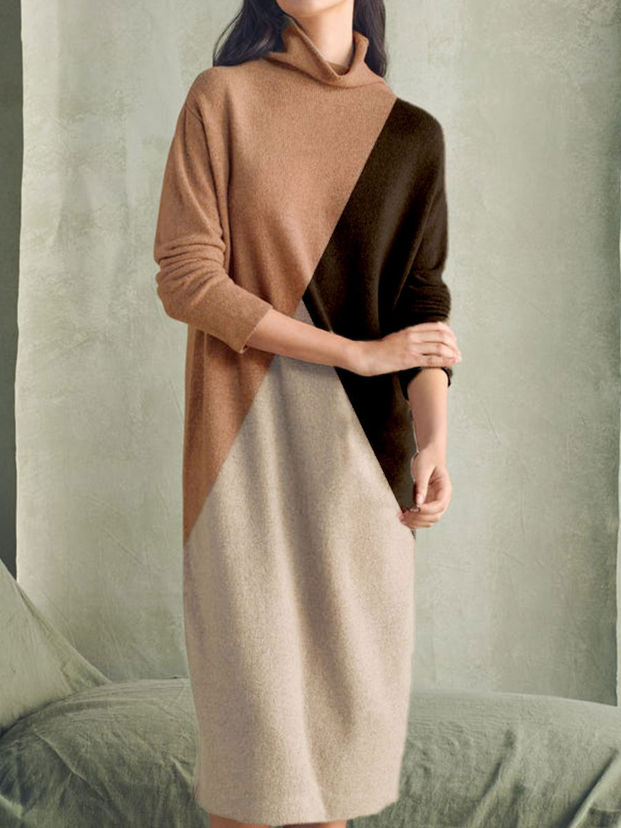 High neck contrasting color patchwork knitted long sleeved woolen dress HF3108-02-04