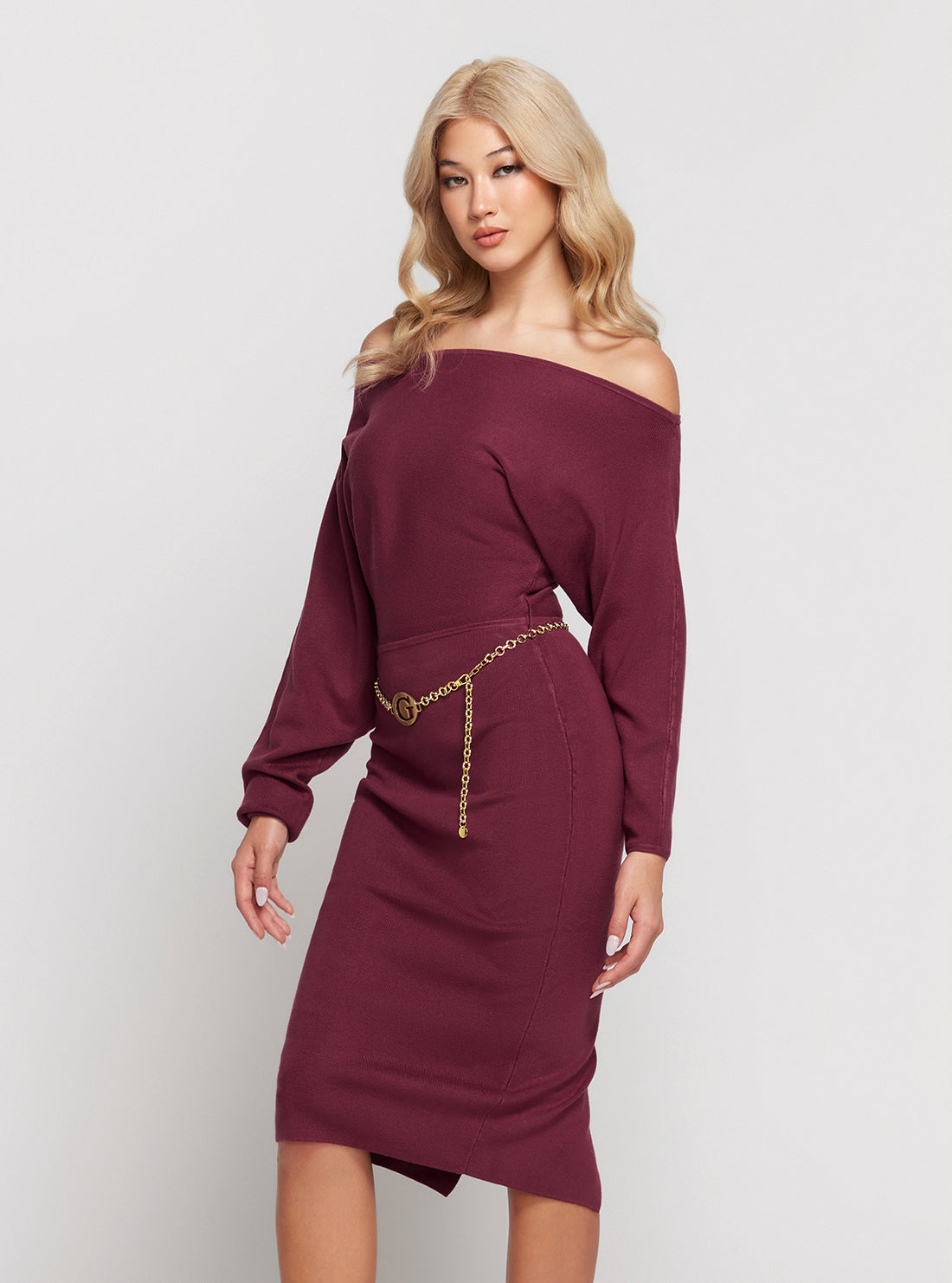 Dark Red Raven Long Sleeve Off Shoulder Midi Dress