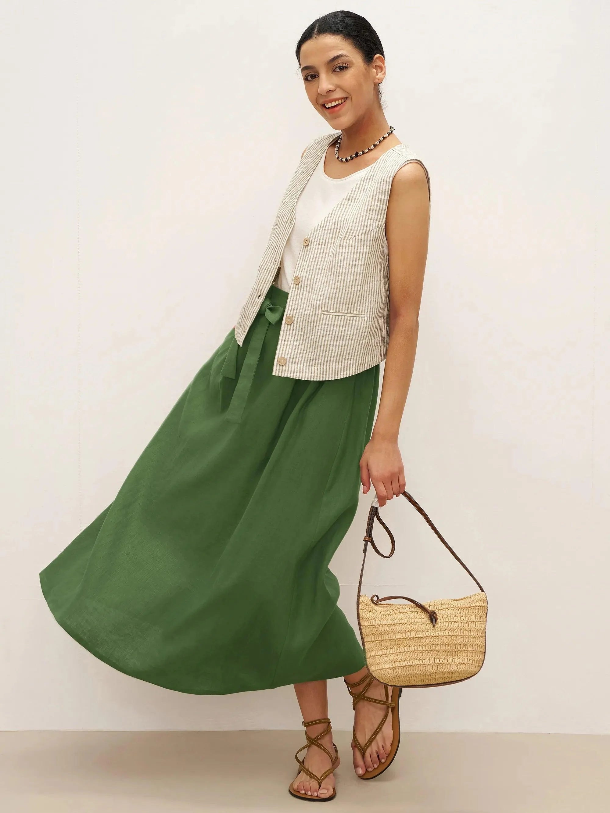100% Linen A-Line Waist-Tied Skirt LENA