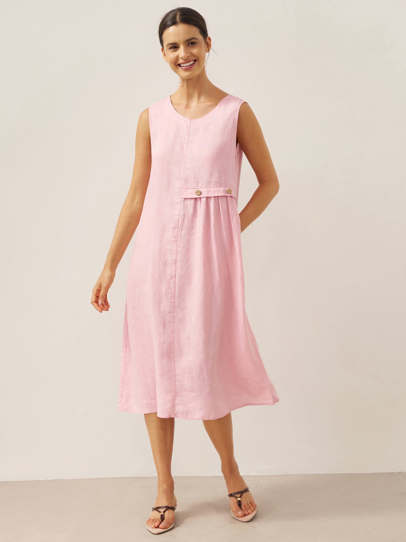 100% Linen Sleeveless Accordion Pleat Midi Dress TINA