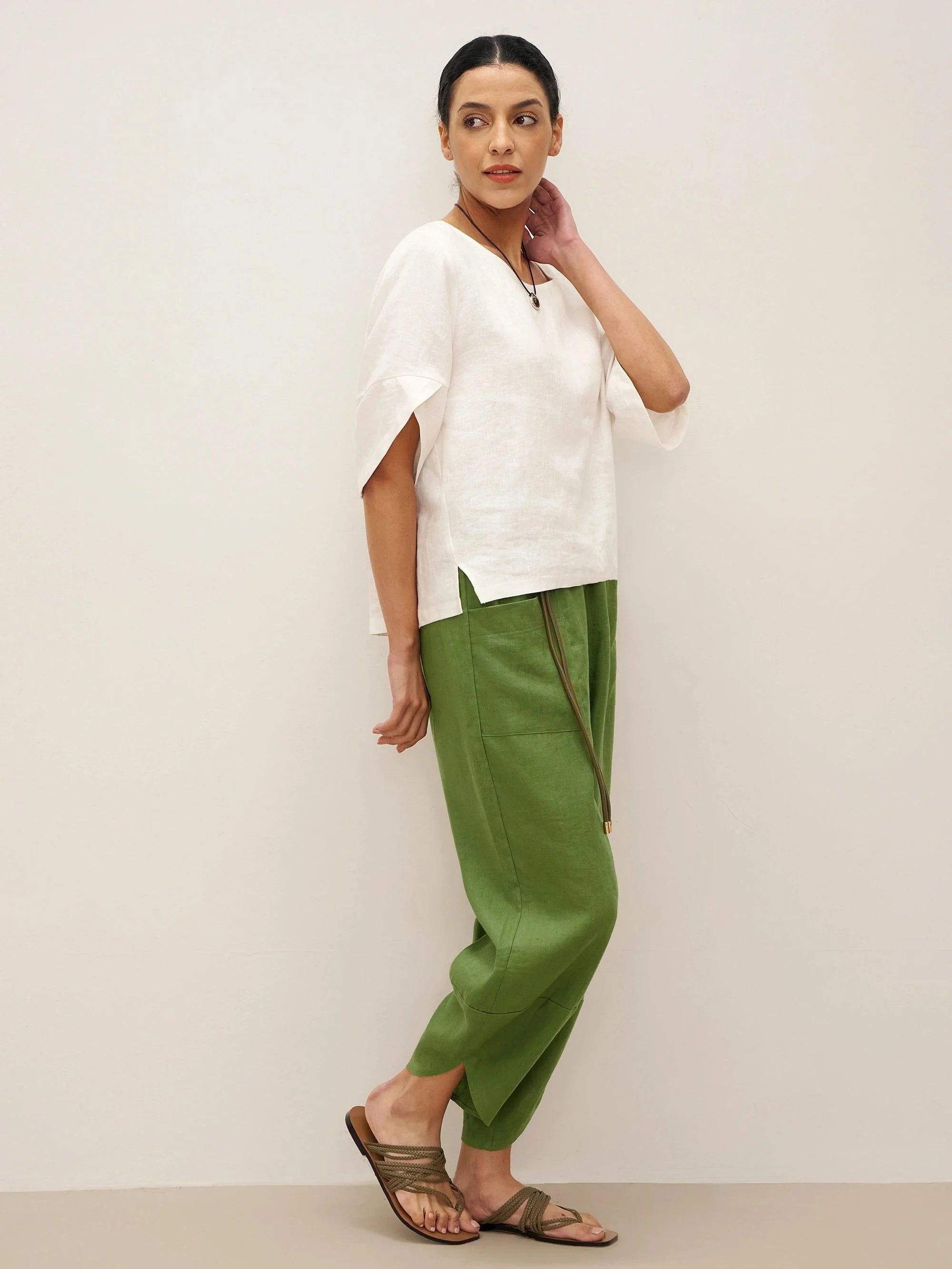 100% Linen Round Neck Petal-Sleeve Pullover LAUREL