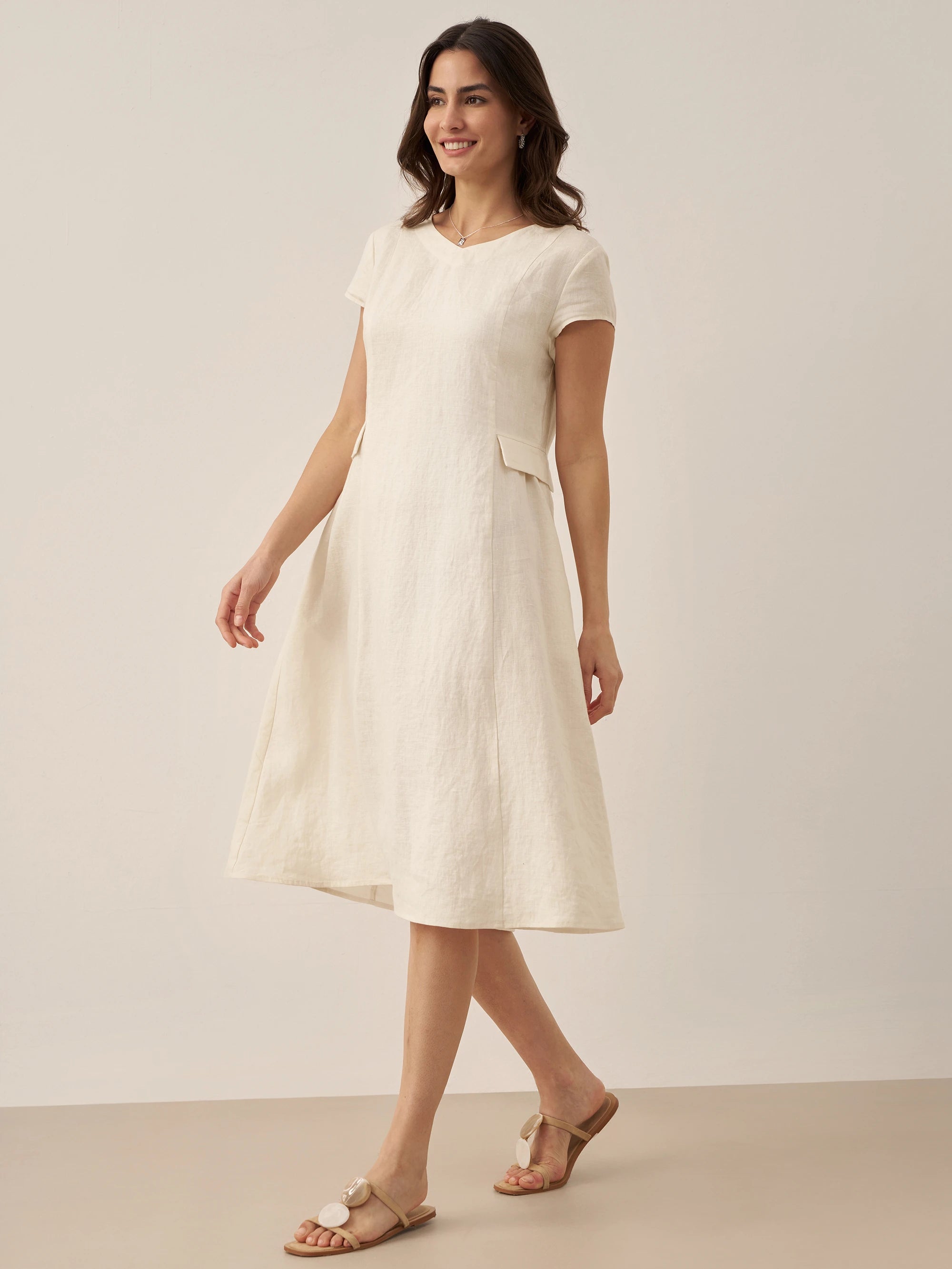 100% Linen Natural Summer V-Neck Dress ALEXA