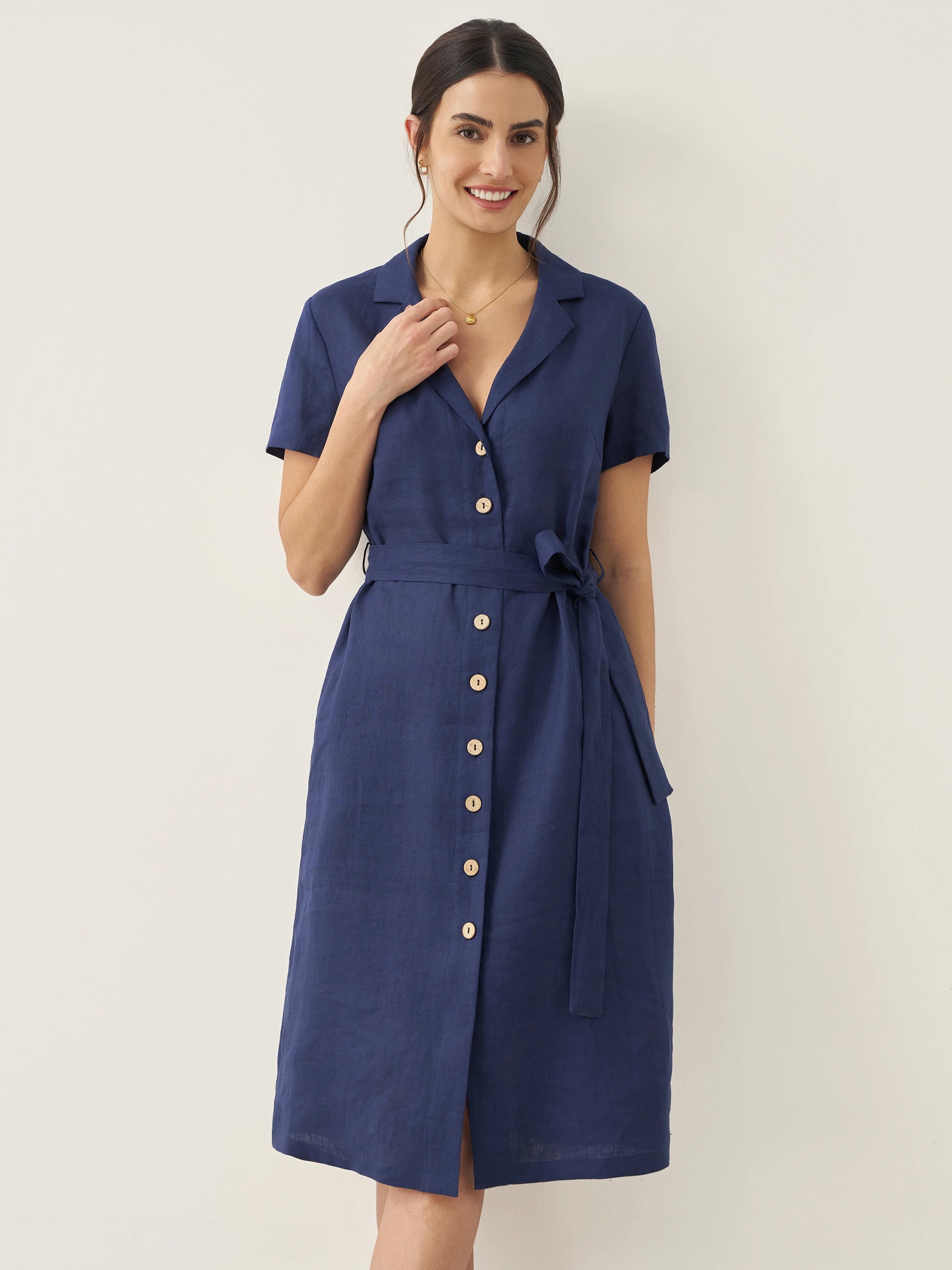 100% Linen V-Neck Button-Front Shirt Dress EILEEN