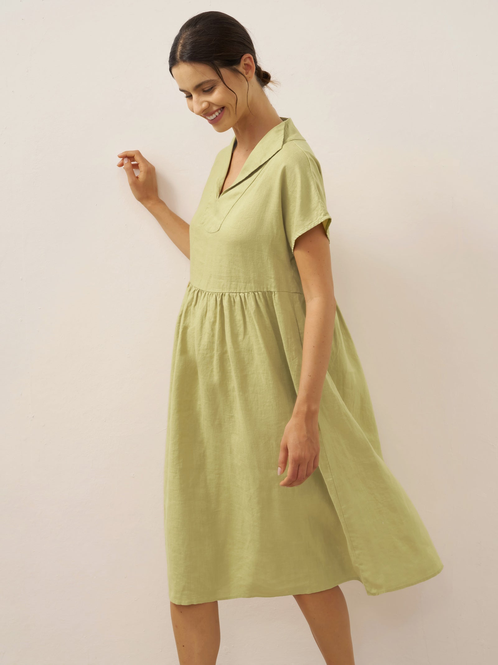 100% Linen Collared Pleated Waist A-Line Midi Dress SAGE