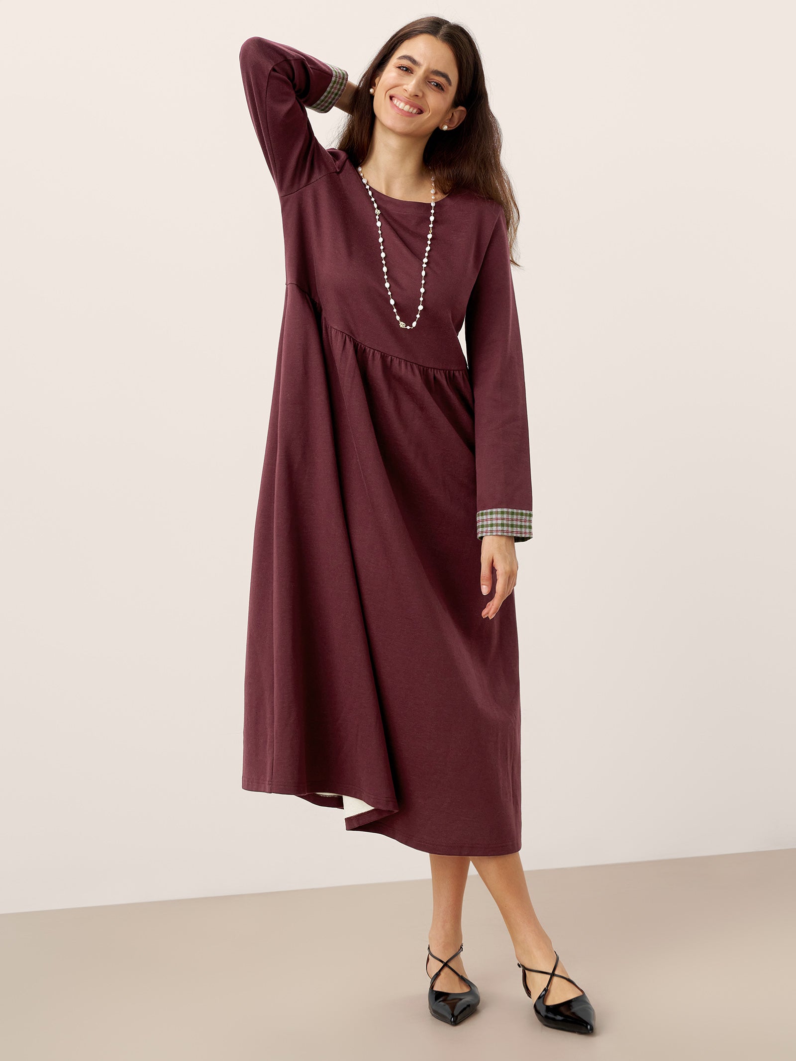 Cotton Patchwork Cuff Crew Neck Casual Maxi Dress SCARLETT