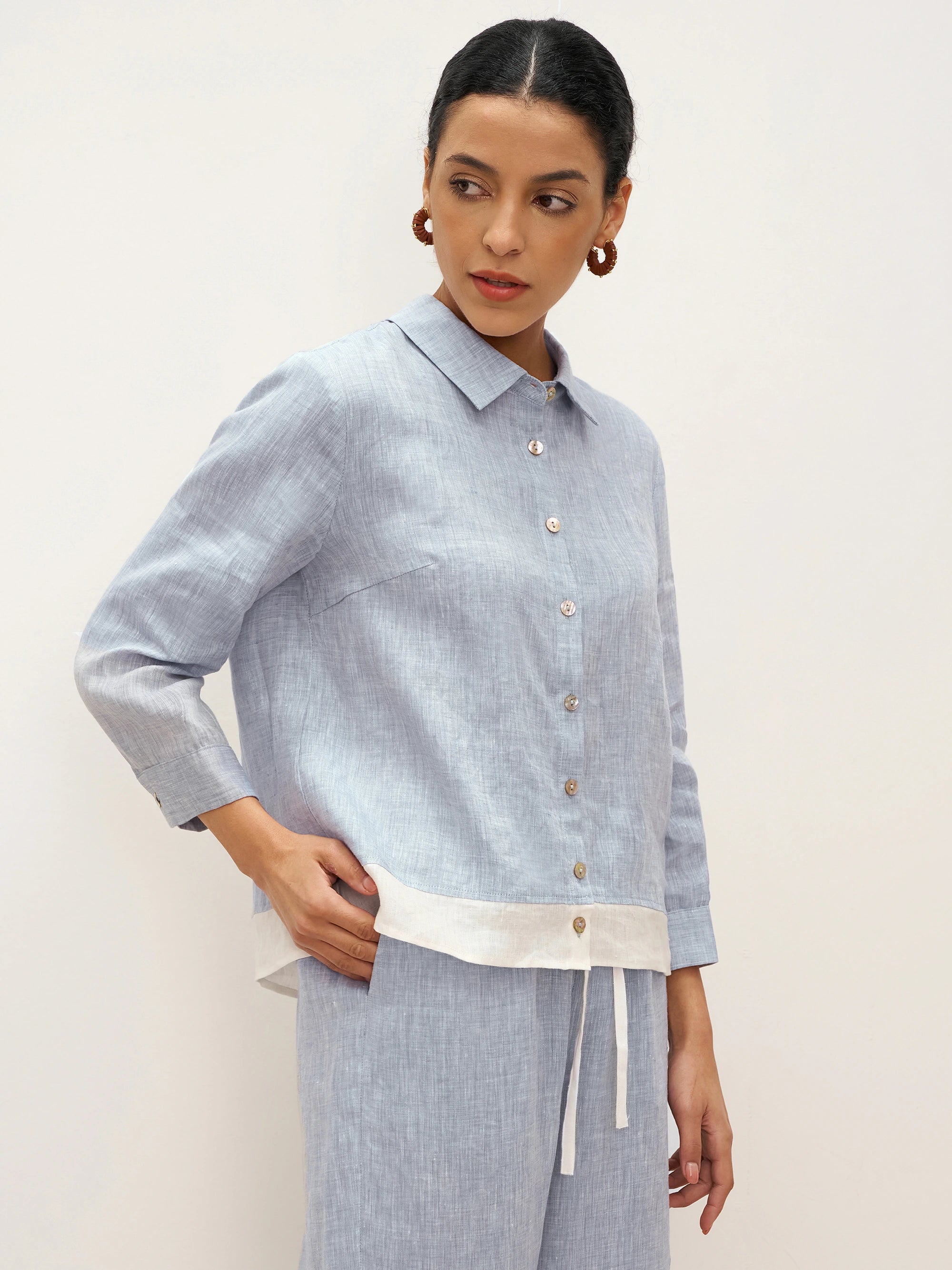 100% Linen Buttoned Closure Color-Blocked Shirt JANICE