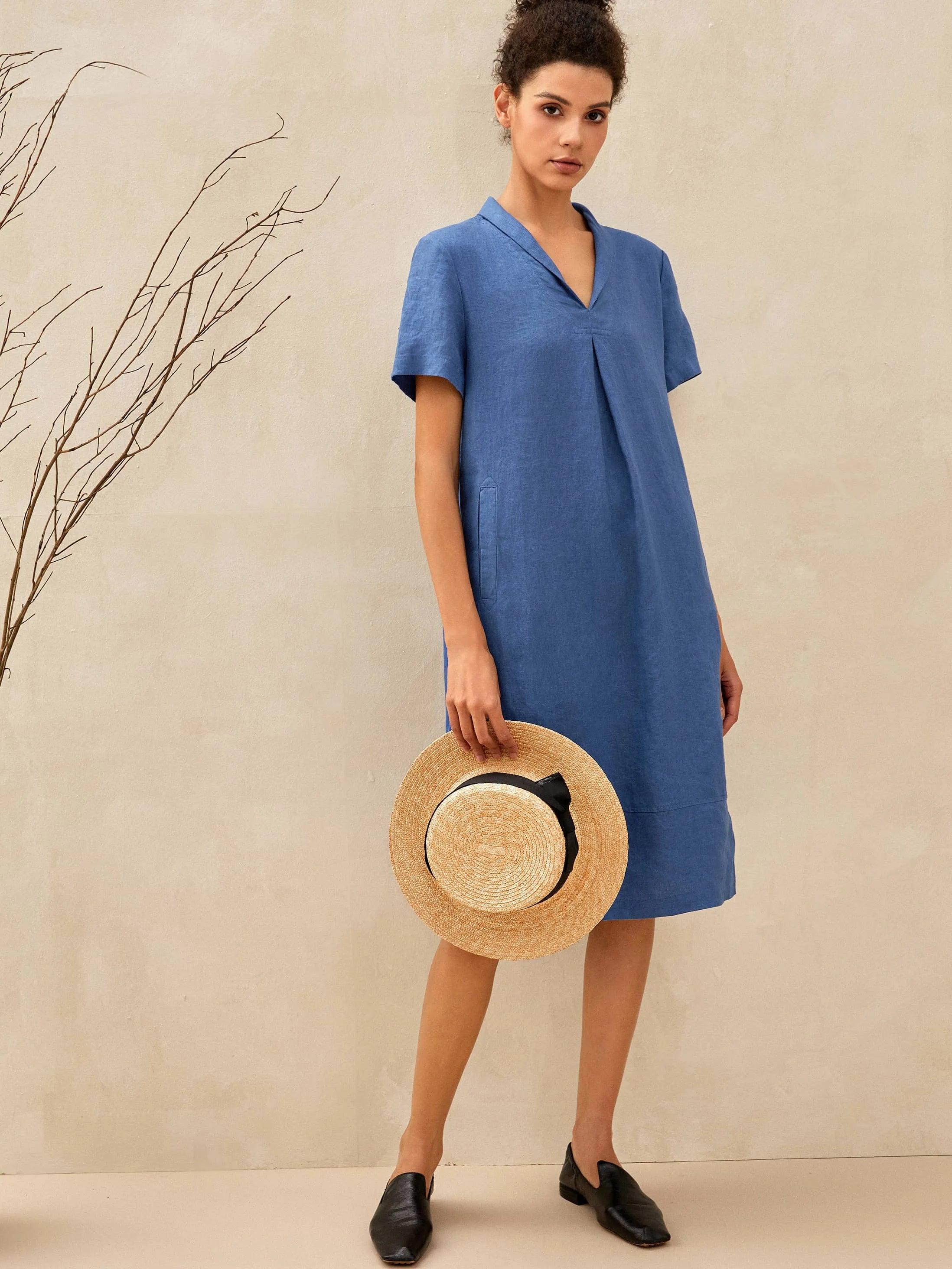100% Linen Shawl V-Neck Midi Dress CLEO