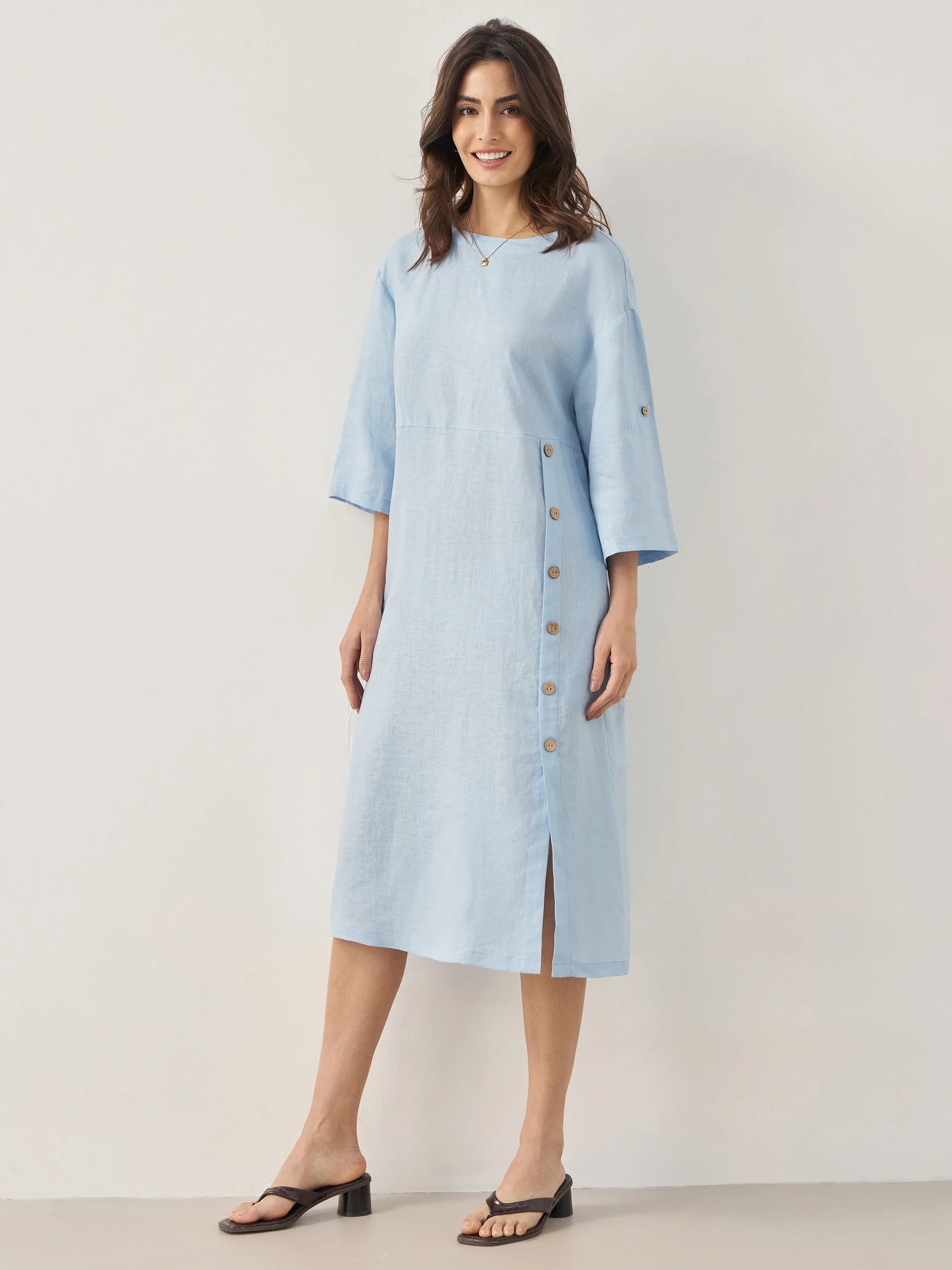 100% Linen Round Neck Button Detail Midi Dress JELENA