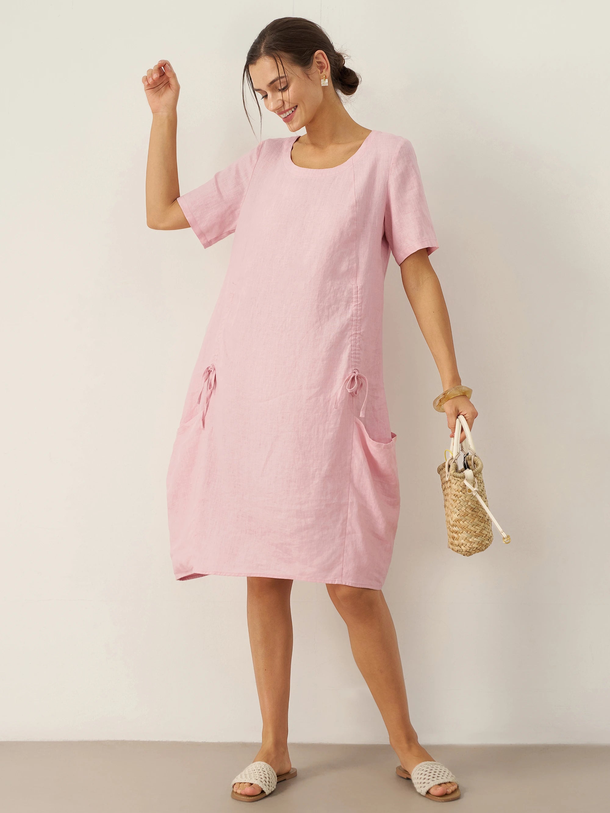 100% Linen Round Neck Patch Pocket Midi Dress XENA