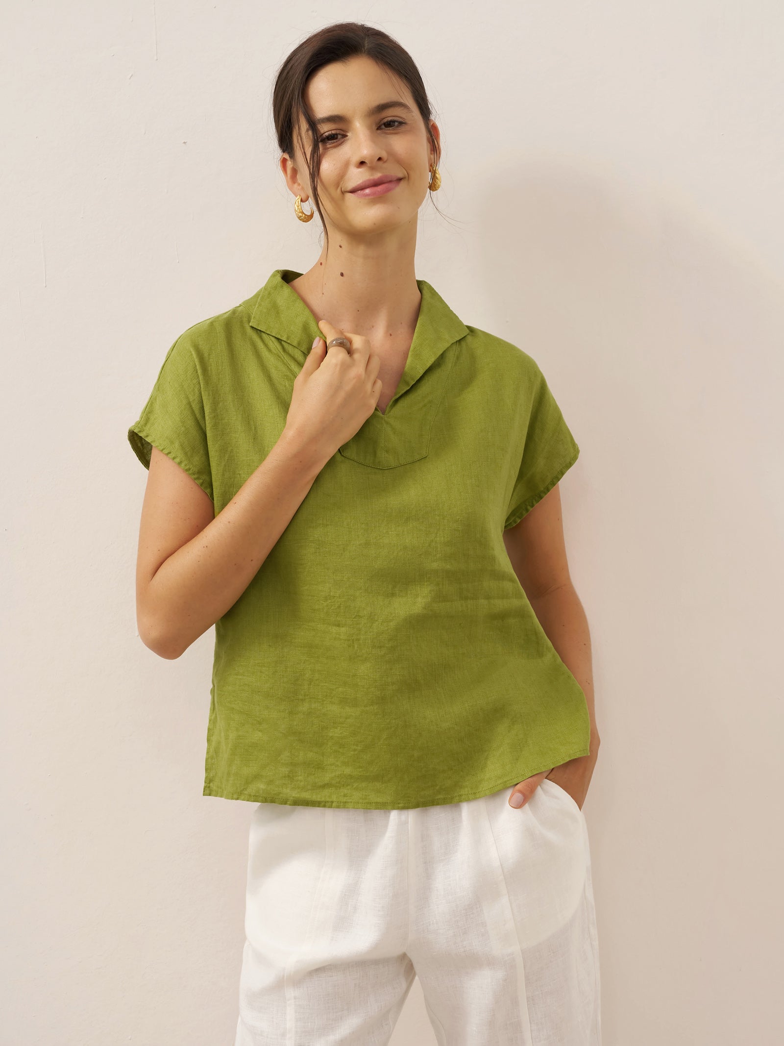 100% Linen Collared Cap Sleeve Top IVY