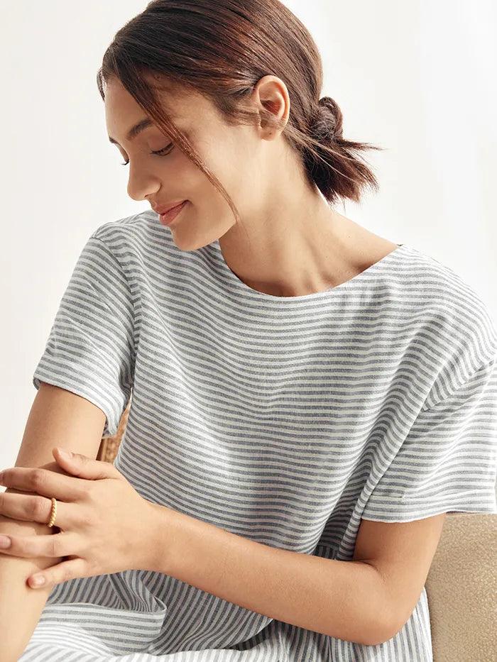 100% Linen Pinstripe Paneled Short-Sleeved Dress MORGAN