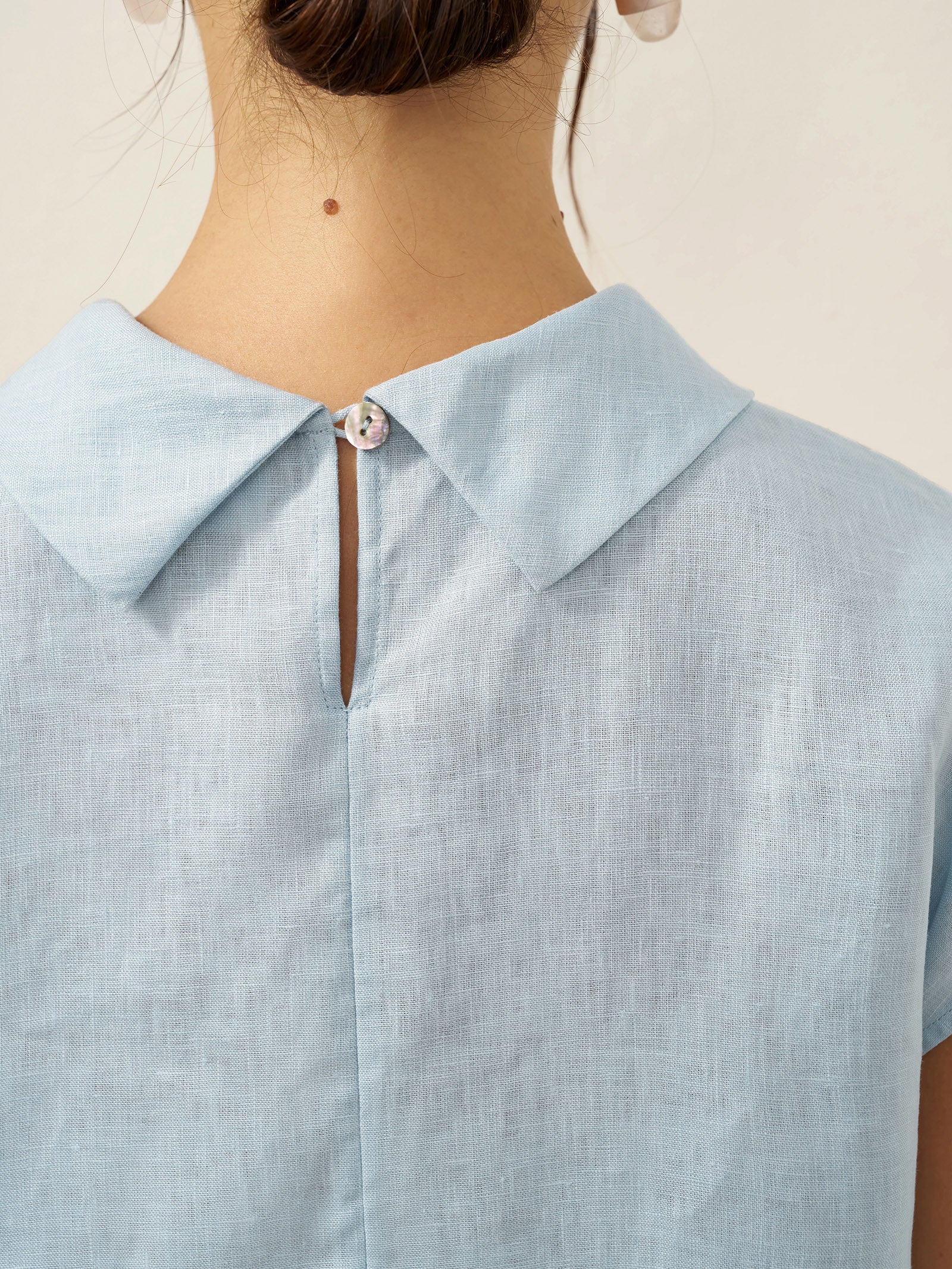 100% Linen Cap Sleeve Soft-Fold Collar Top YVONNE