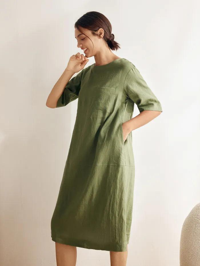 100% Linen Mid-Sleeve Maxi Dress GEORGINA