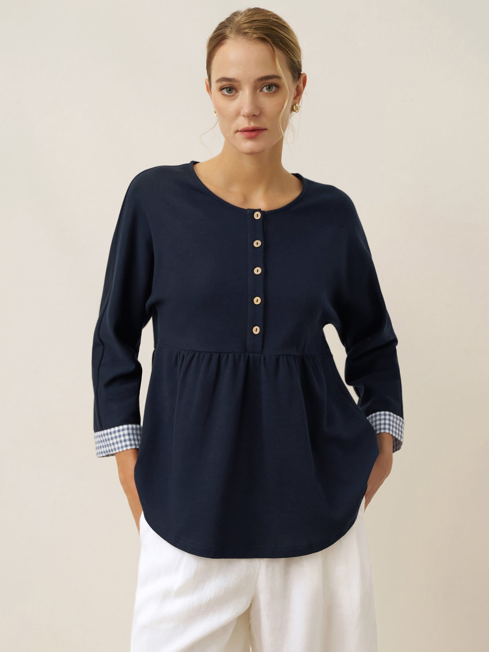 Cotton Patchwork Cuff Button Decor Top AUDREY