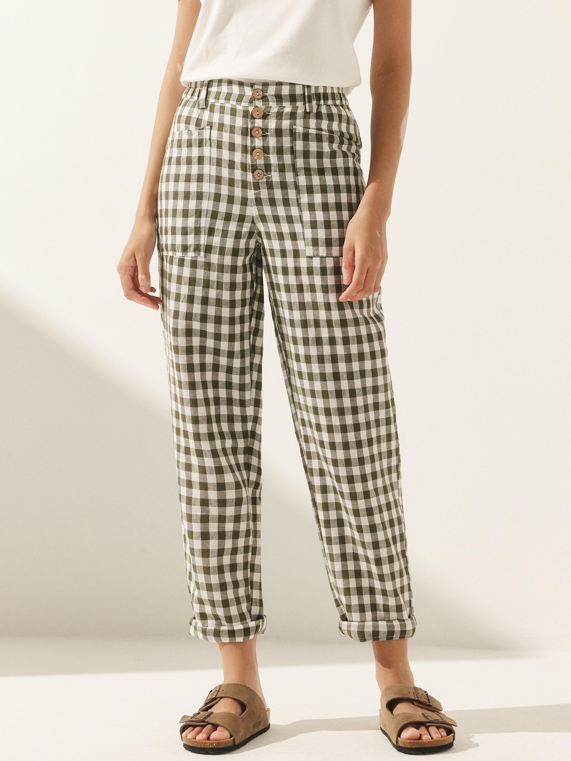 Linen Simple Checked Button Fly Trousers HEIDI