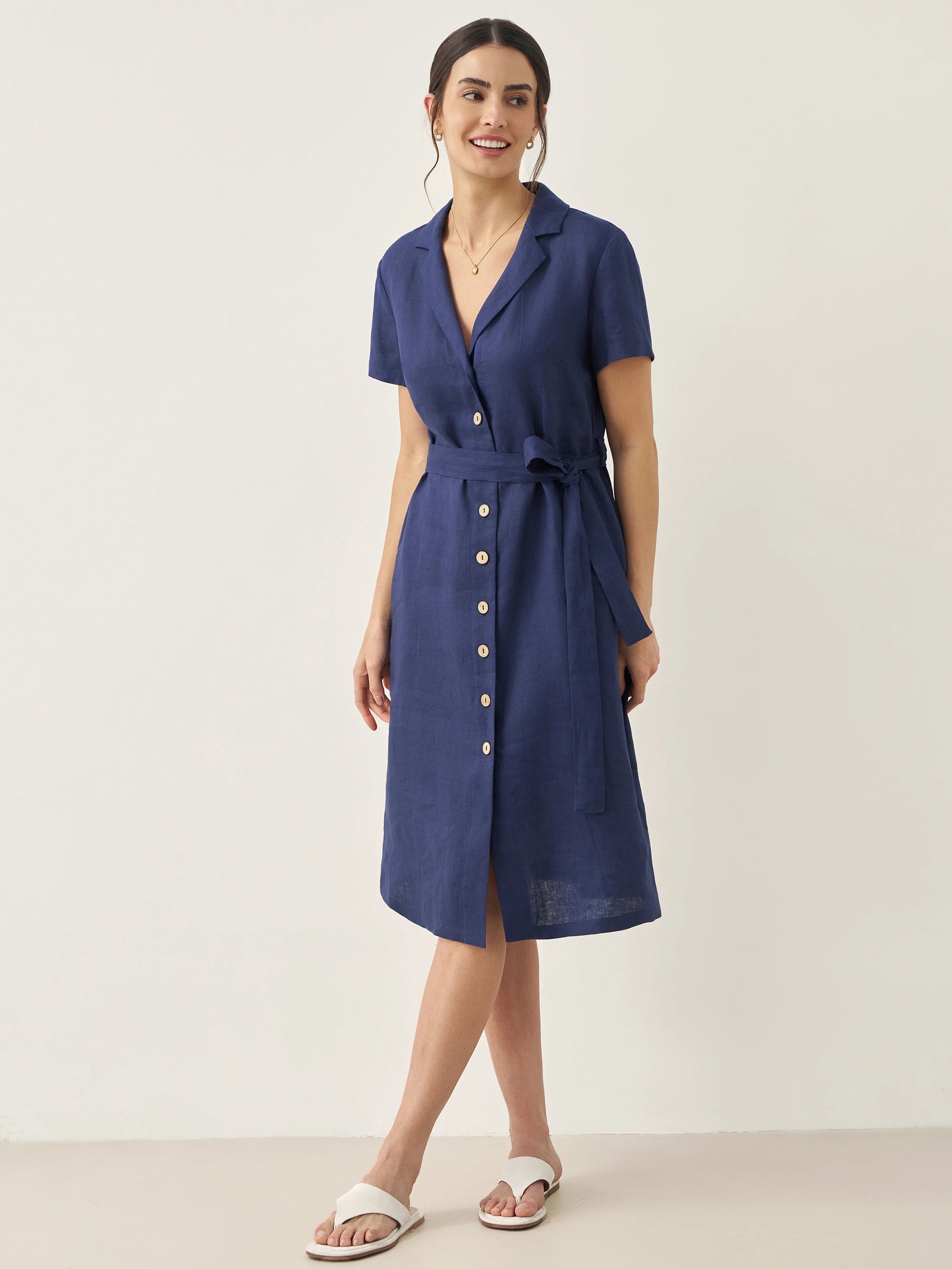 100% Linen V-Neck Button-Front Shirt Dress EILEEN