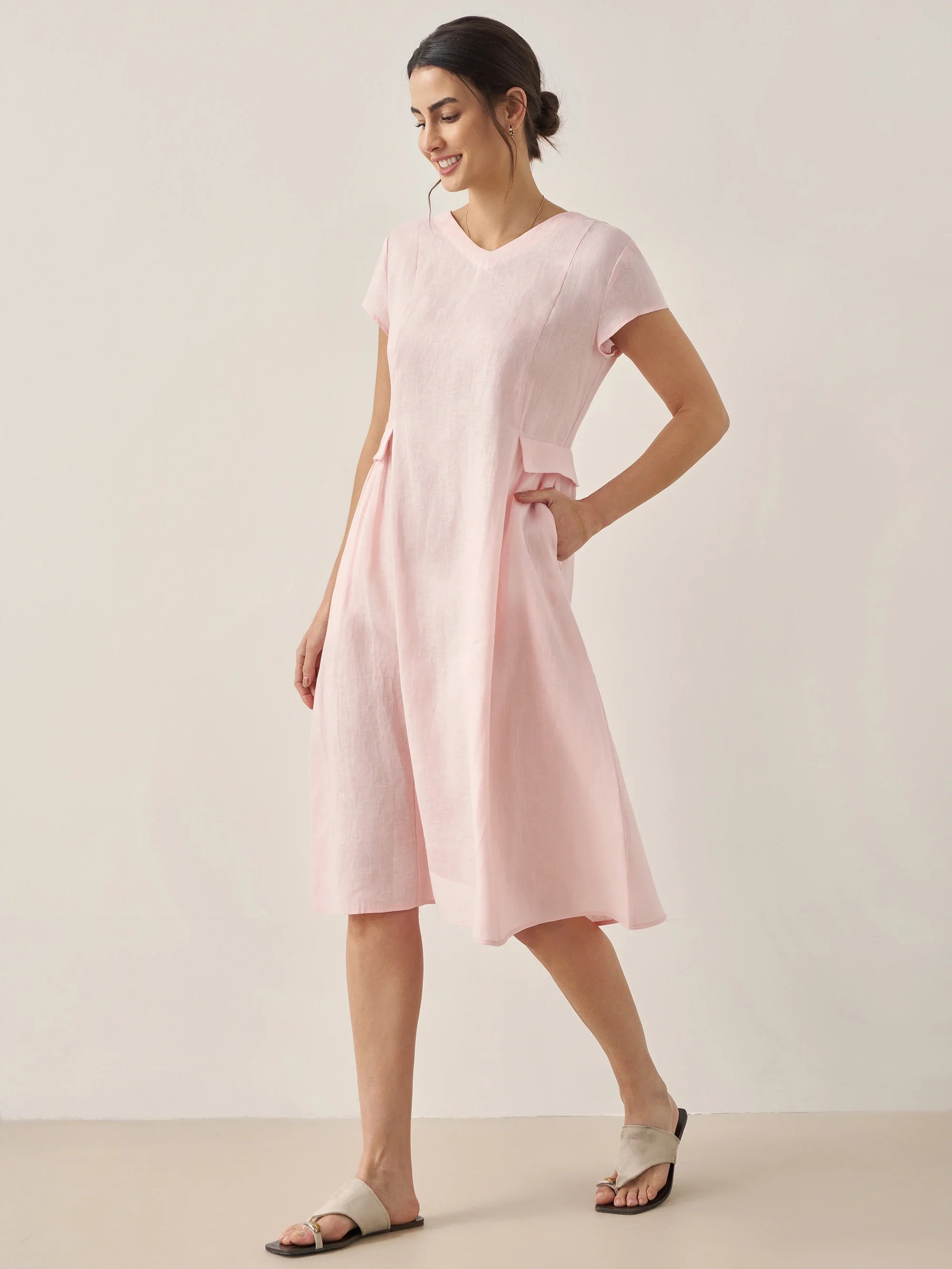 100% Linen Natural Summer V-Neck Dress ALEXA