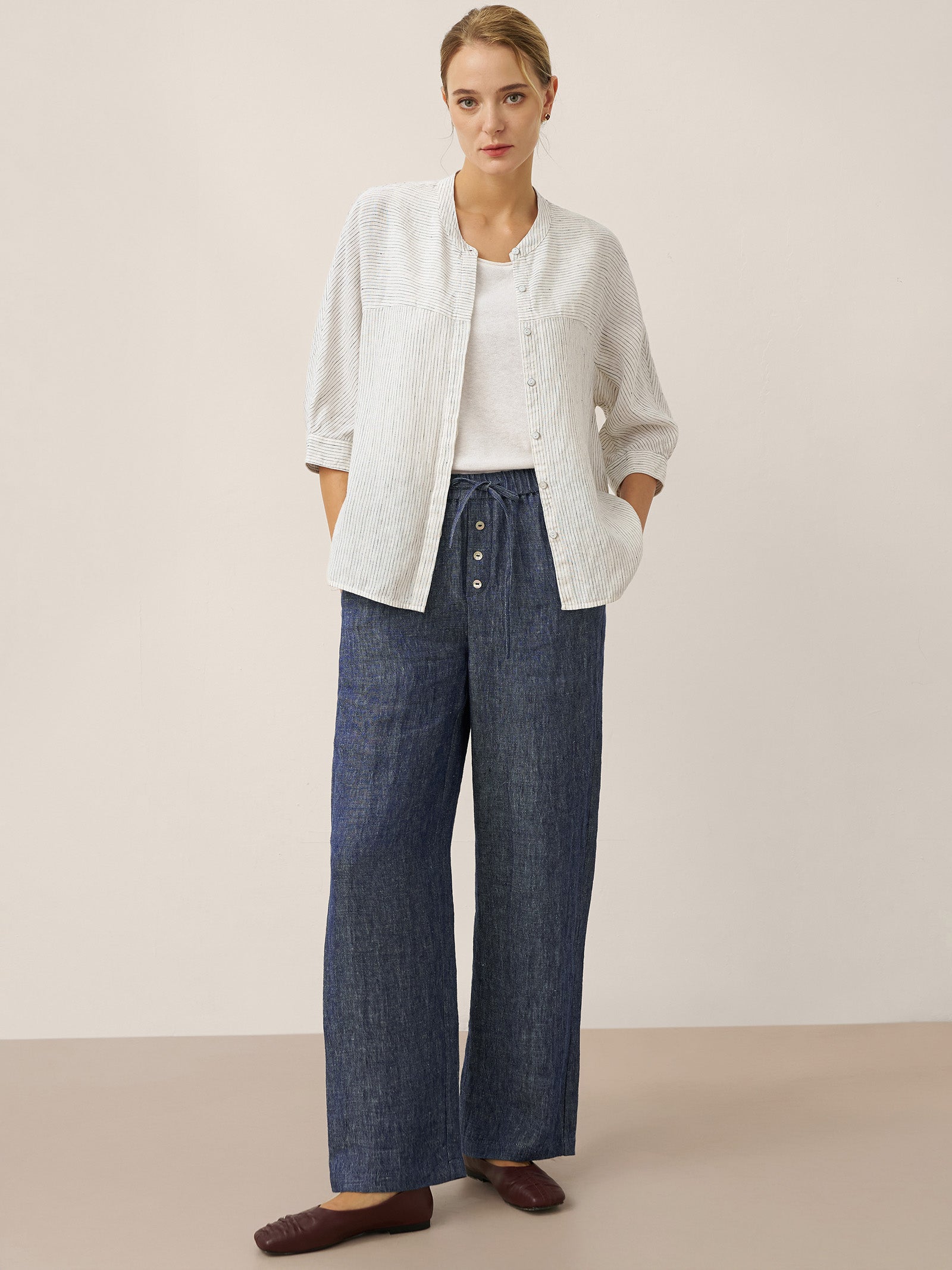 100% Linen Striped Three-Quarter Sleeve Shirt SKYLAR