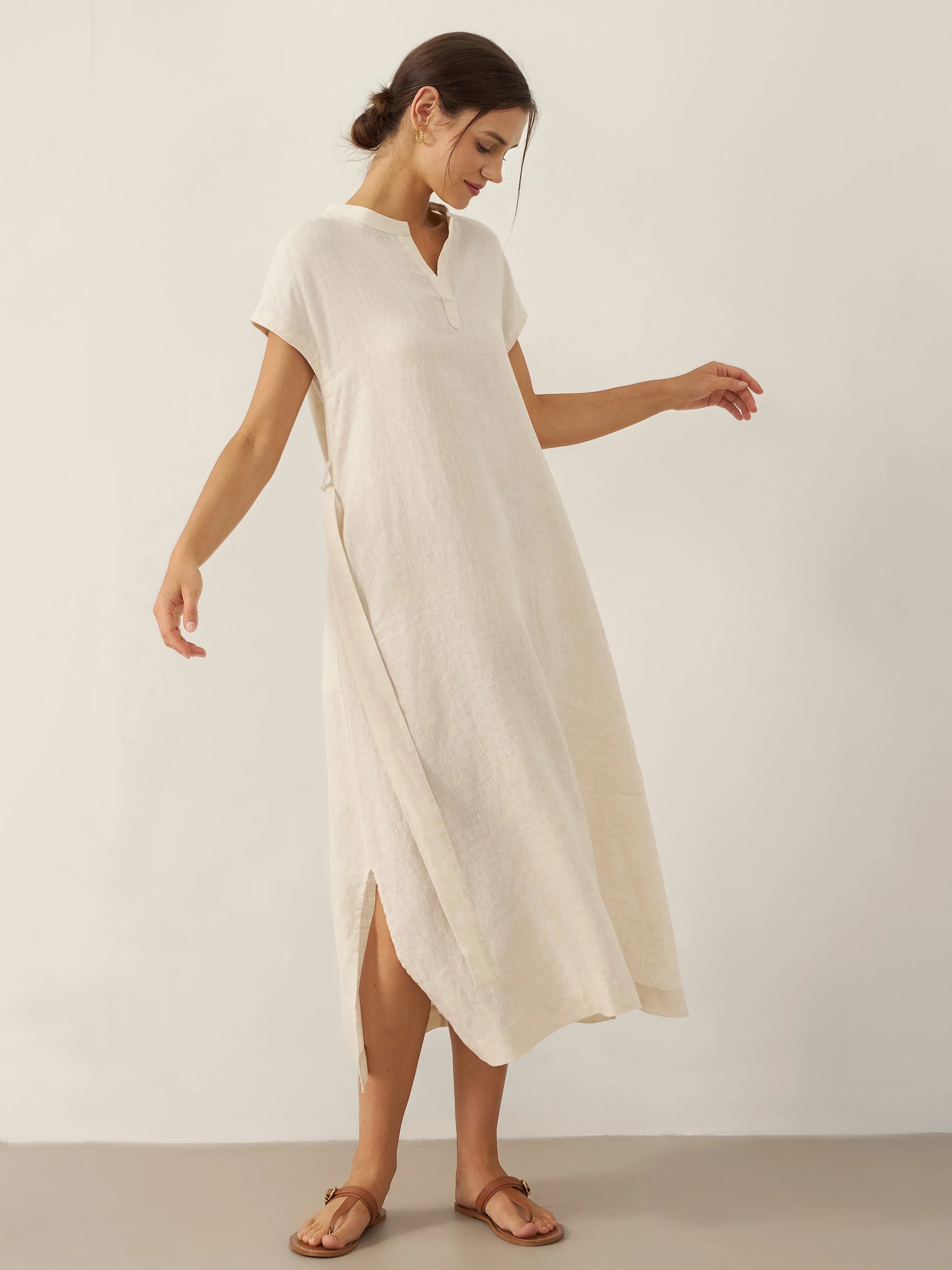 100% Linen Mandarin Collar Maxi Dress with Detachable Belt MARGARET