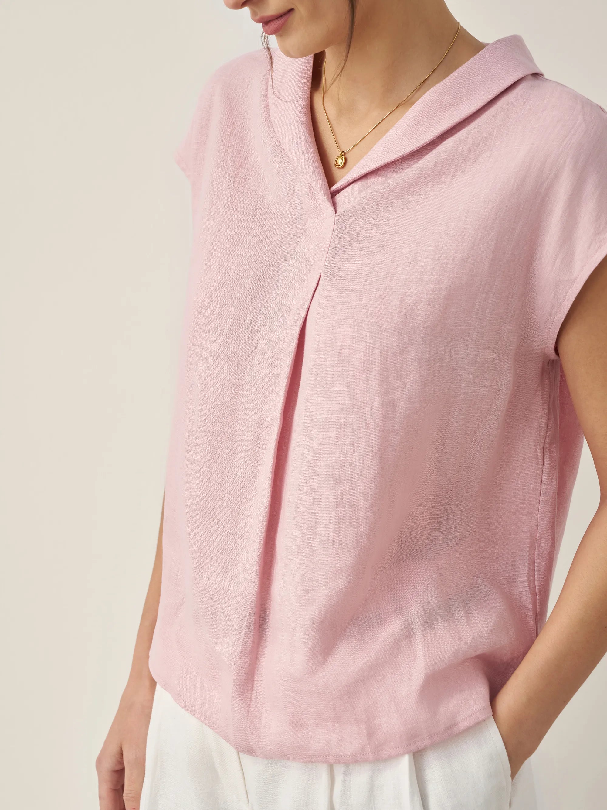 100% Linen Shawl V-Neck Cap Sleeves Top ELARA