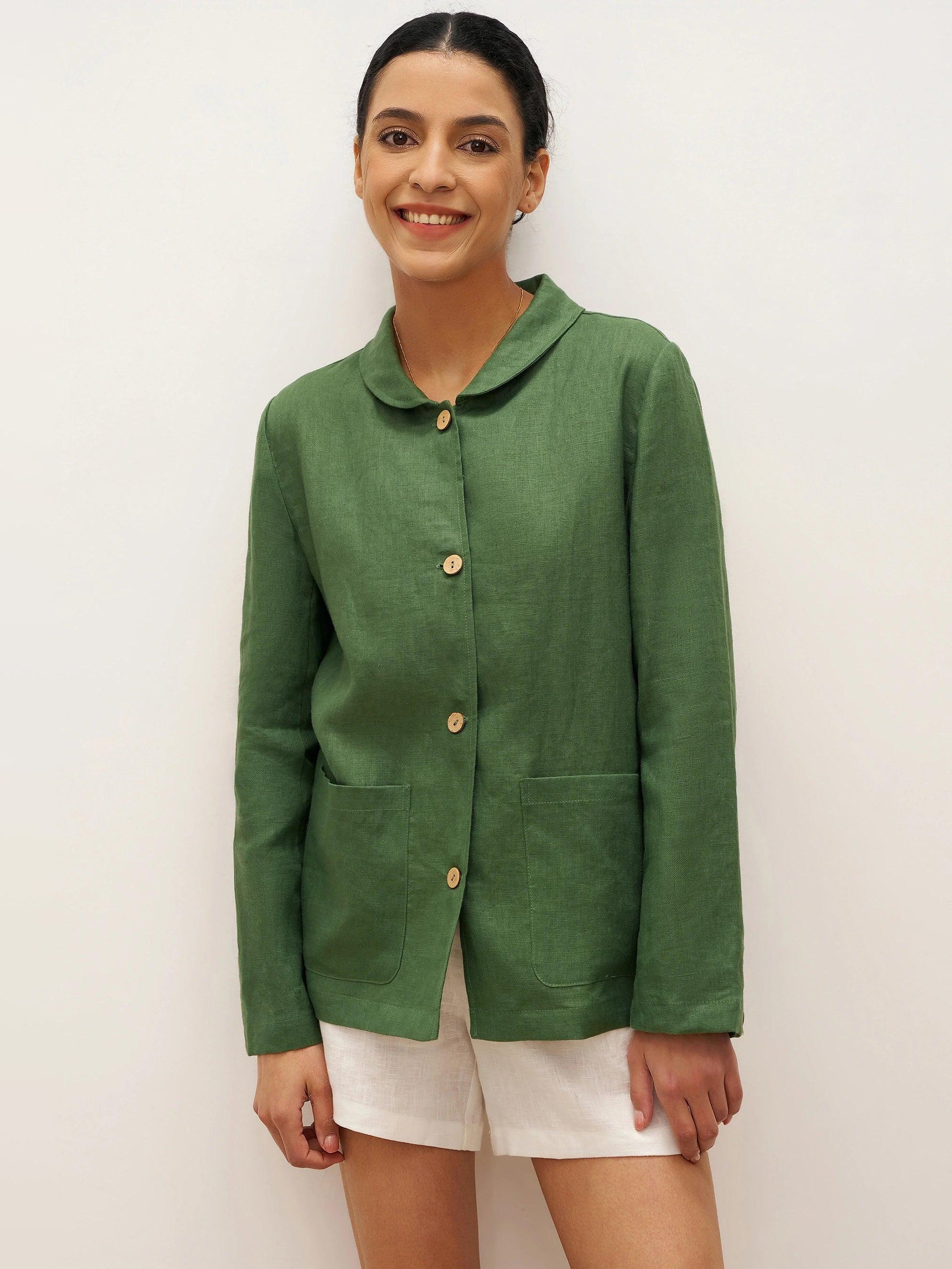 100% Linen Peter Pan Collar Patch Pocket Shirt Jacket LYDIA