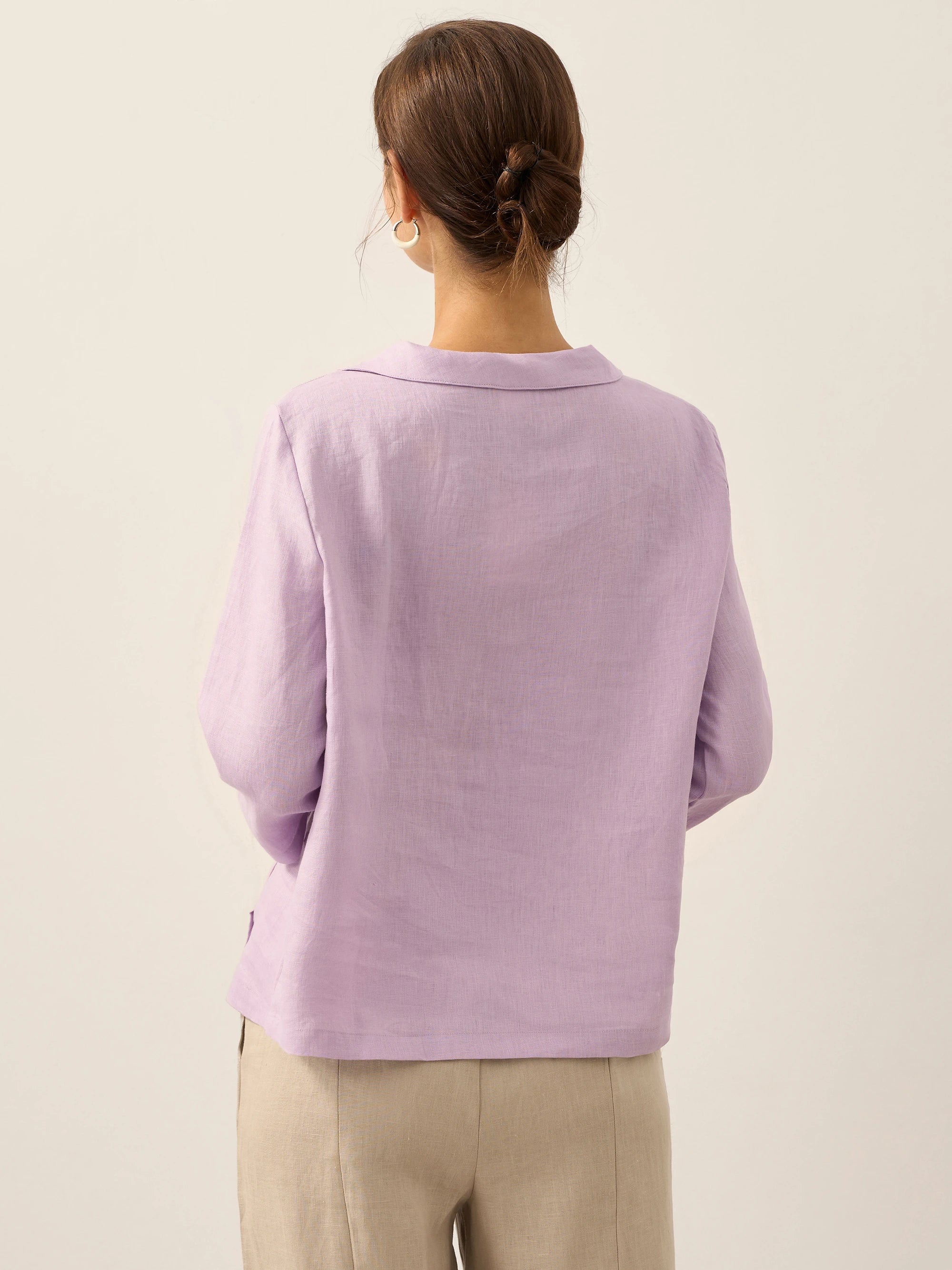 Linen Gingham Checked Round Soft-Fold Collar Top LAURA