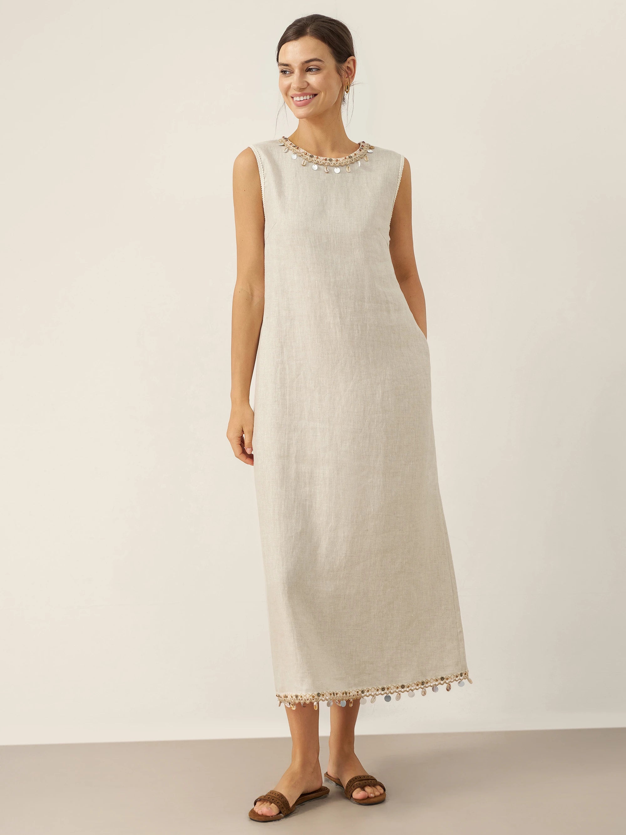 100% Linen Beaded Crew Neck Maxi Dress with Belt BELLA