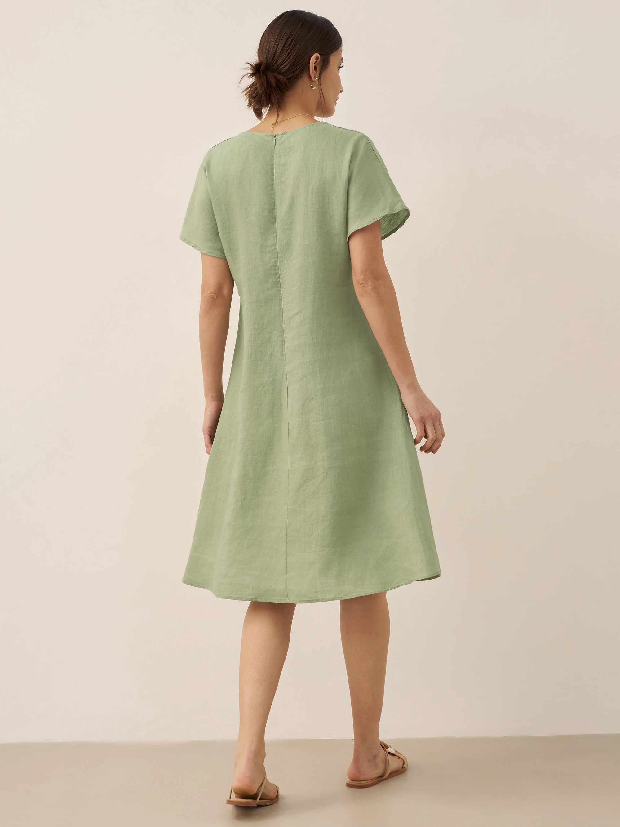 100% Linen V-Neck Pockets Swing Dress AINSLEY