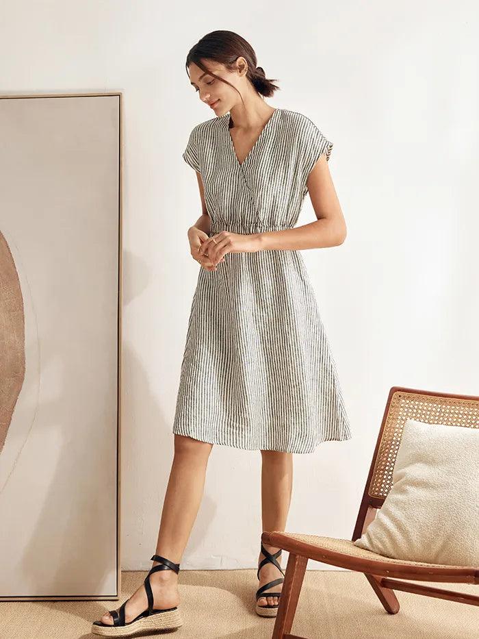 100% Linen Striped Elastic-Waist Midi Dress ARIA