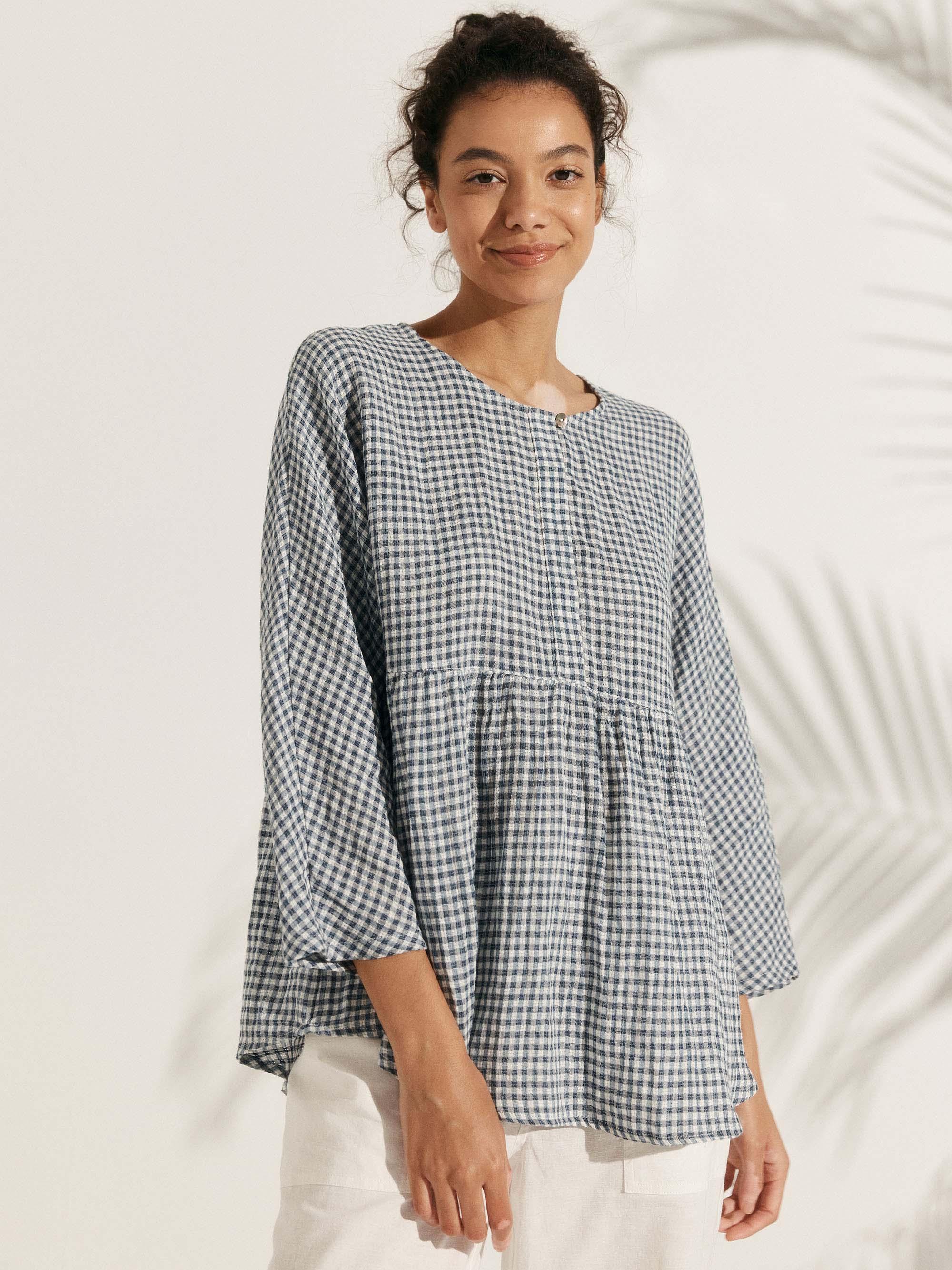 Linen Checked Long-Sleeved Top CAROLINE