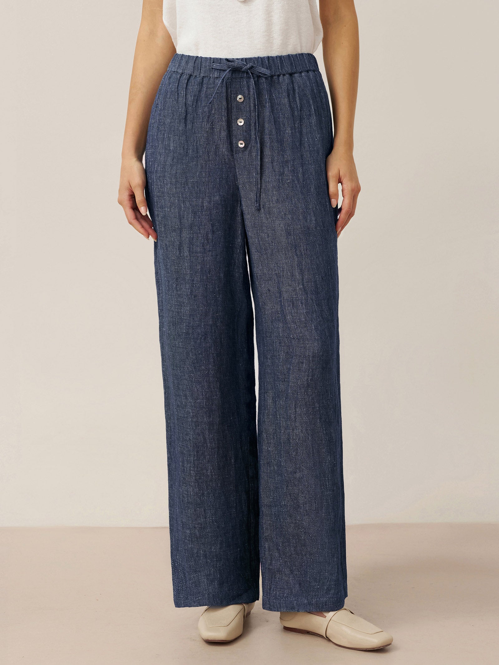 100% Linen Denim Texture Elastic Waist Straight Leg Pants HAZEL