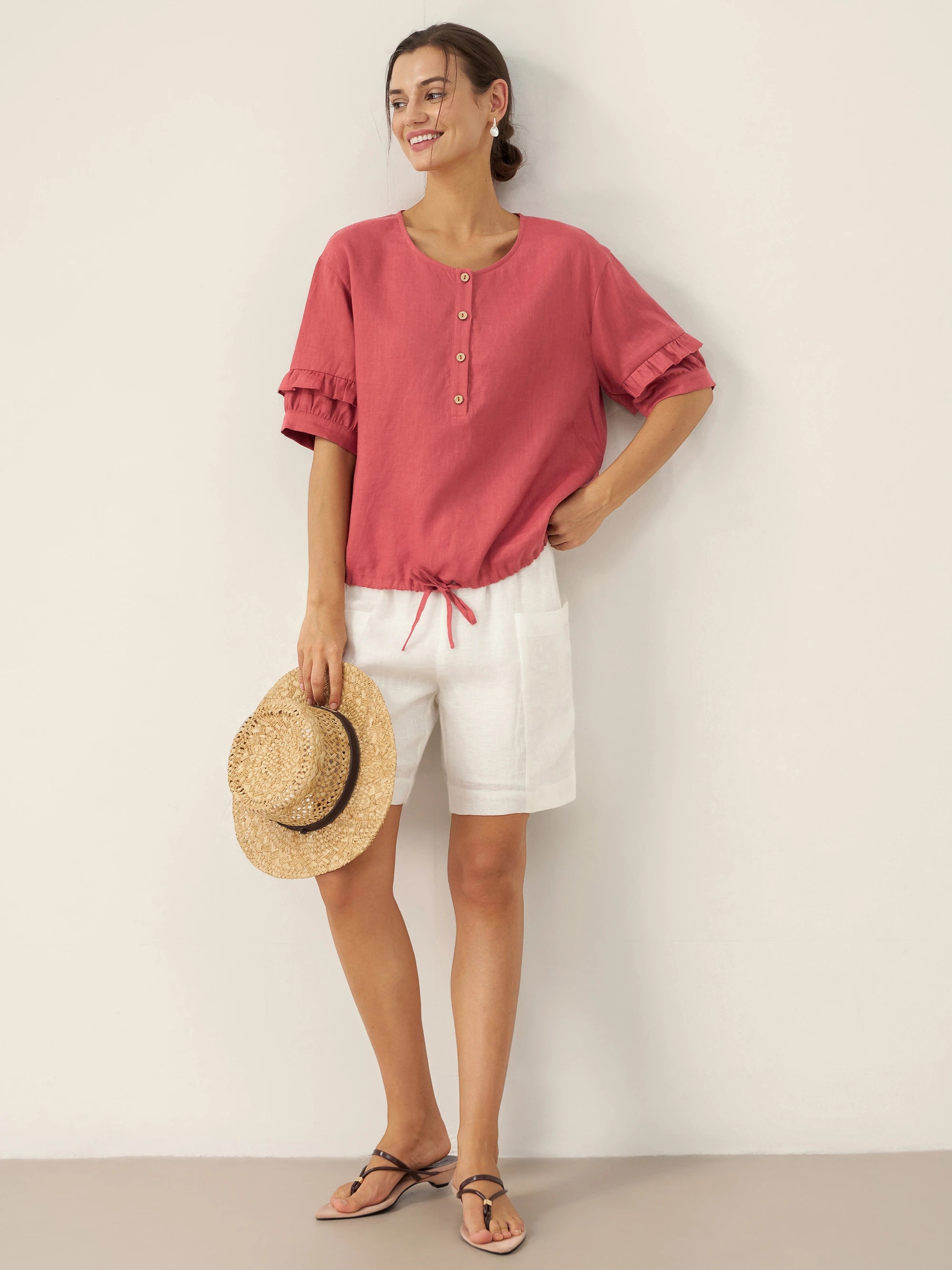 100% Linen Flutter Sleeve Drawstring Top ZOEY