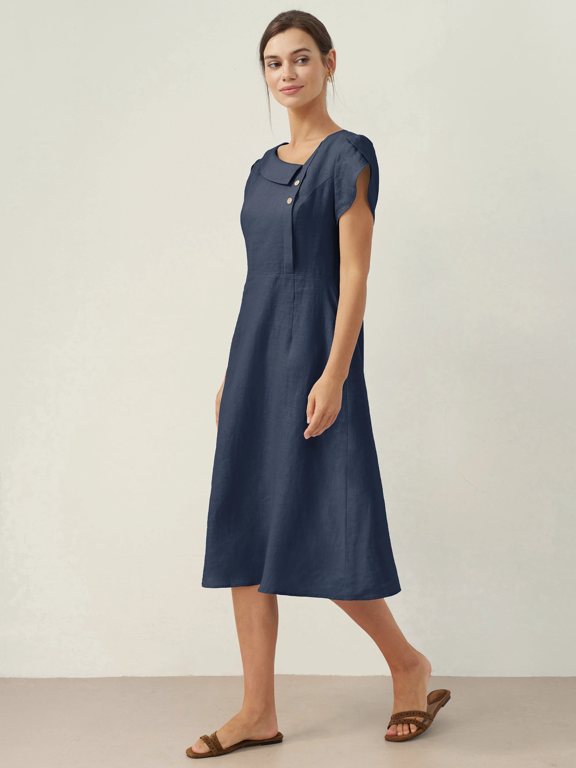 100% Linen Crescent Collar Flutter Sleeve Midi Dress FIONA