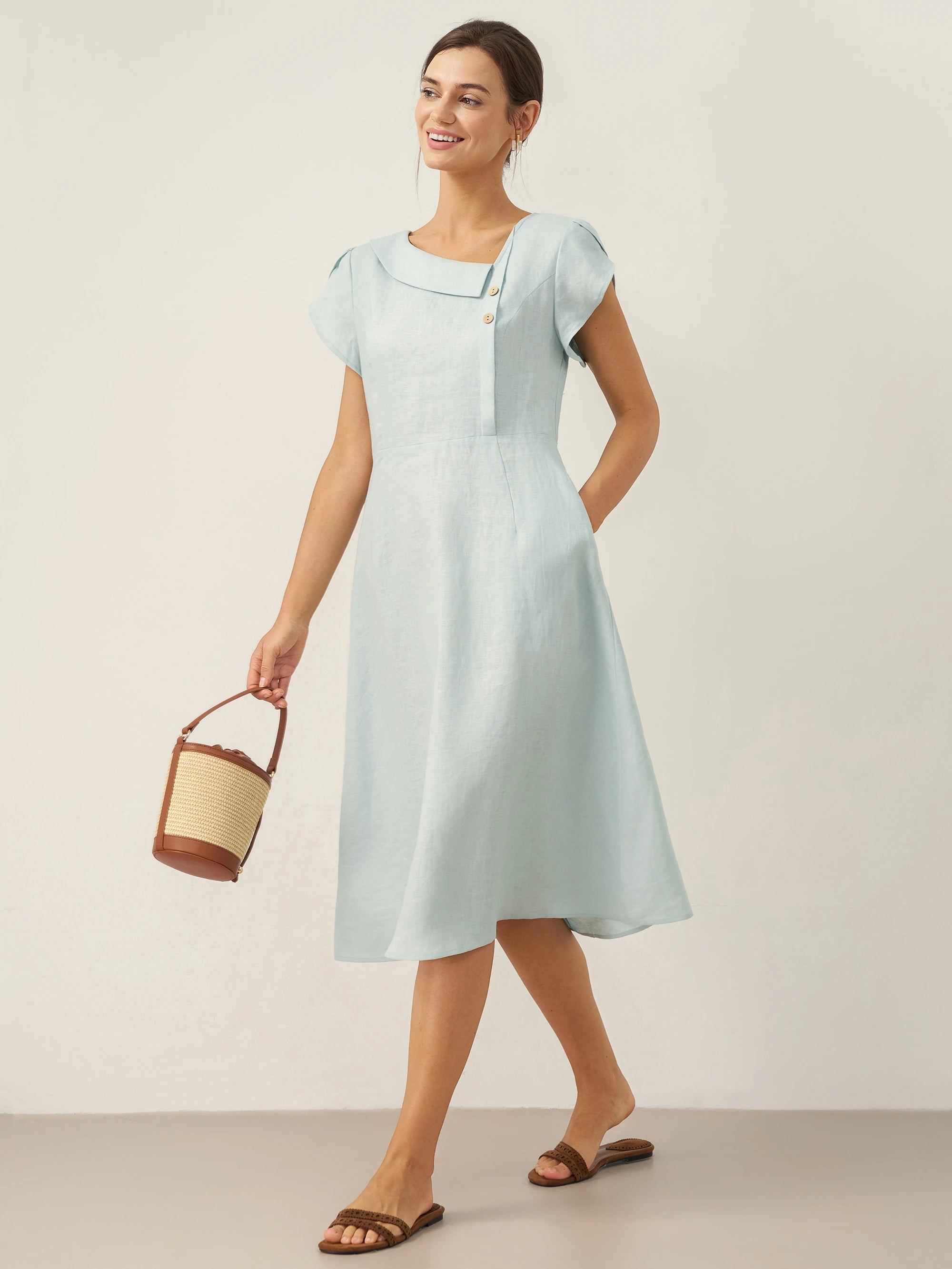 100% Linen Crescent Collar Flutter Sleeve Midi Dress FIONA