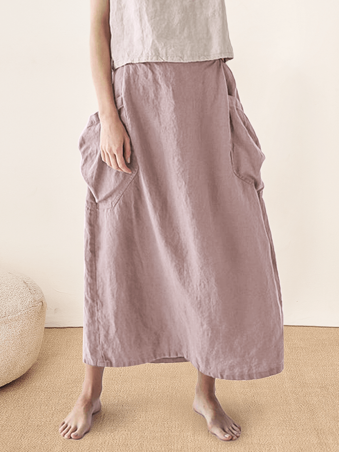 Linen Checked Elastic Waist Skirt ONYX