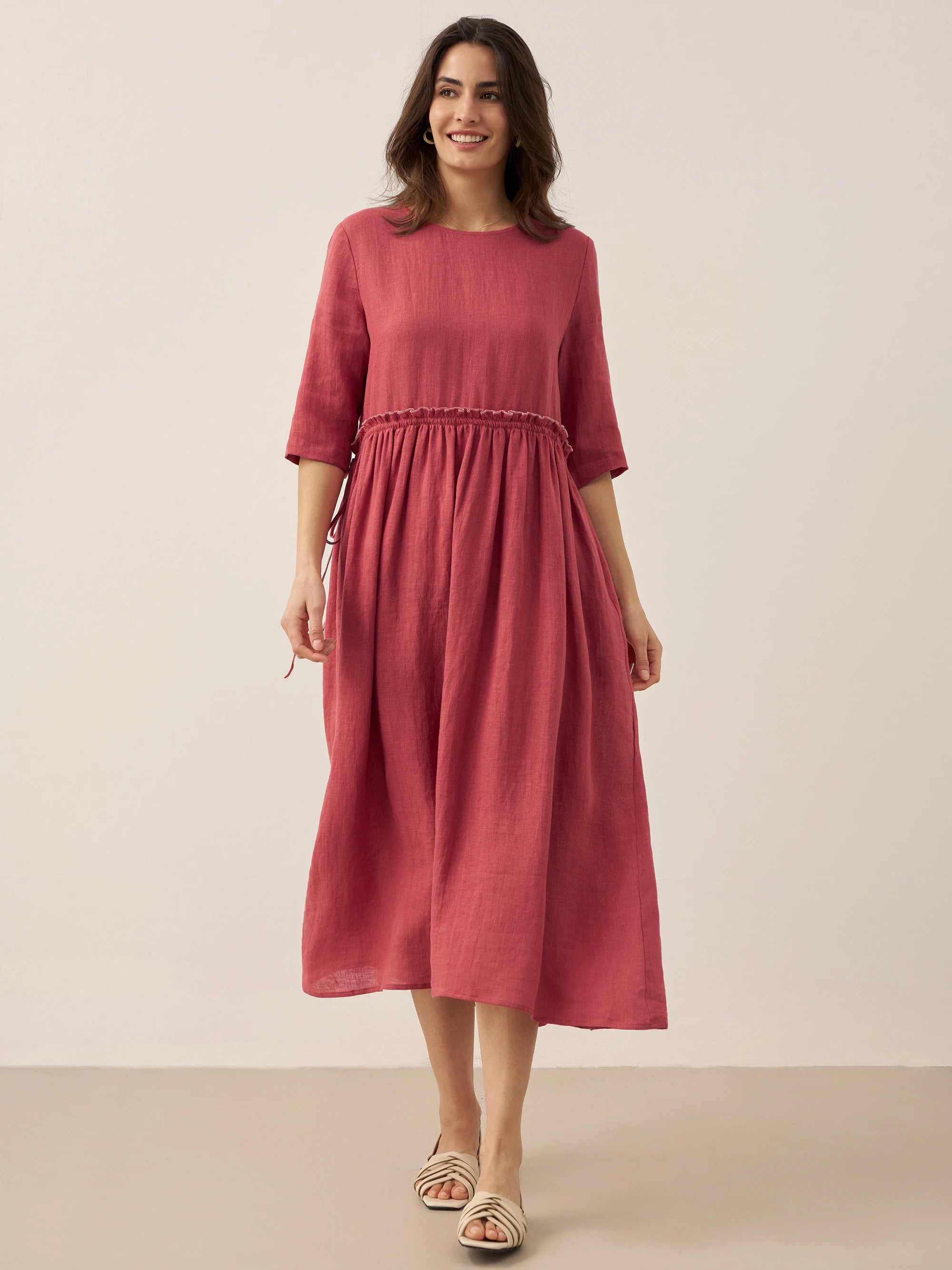 100% Linen Petal-Waist Drawstring Midi Dress JASMINE