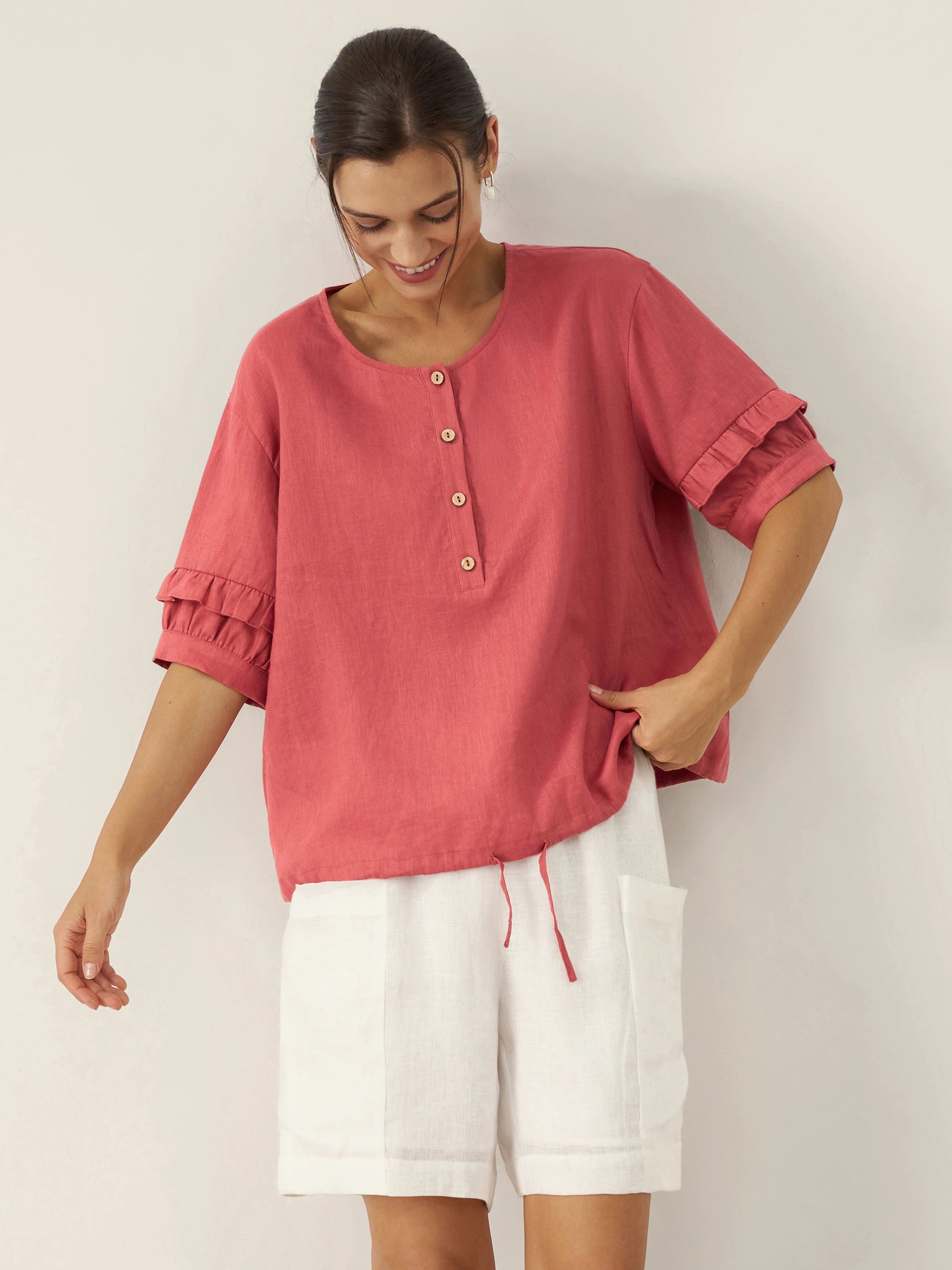 100% Linen Flutter Sleeve Drawstring Top ZOEY