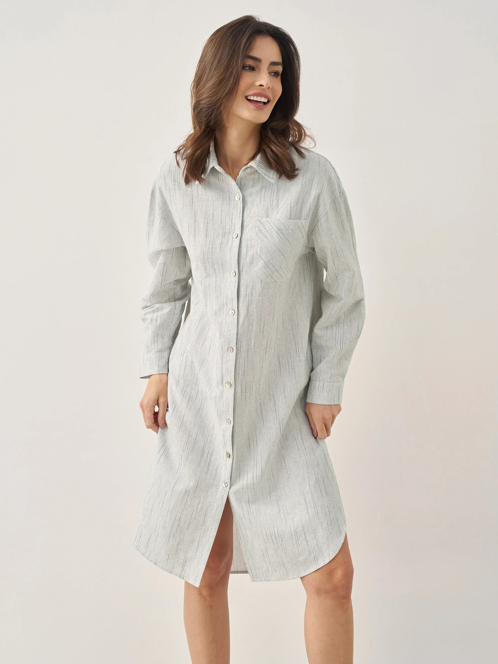 Linen Button-Front Artistic Stripe Shirt Dress JULIA