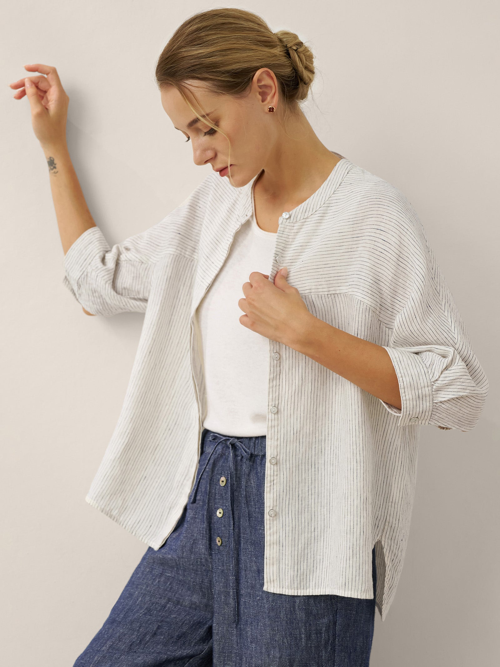 100% Linen Striped Three-Quarter Sleeve Shirt SKYLAR