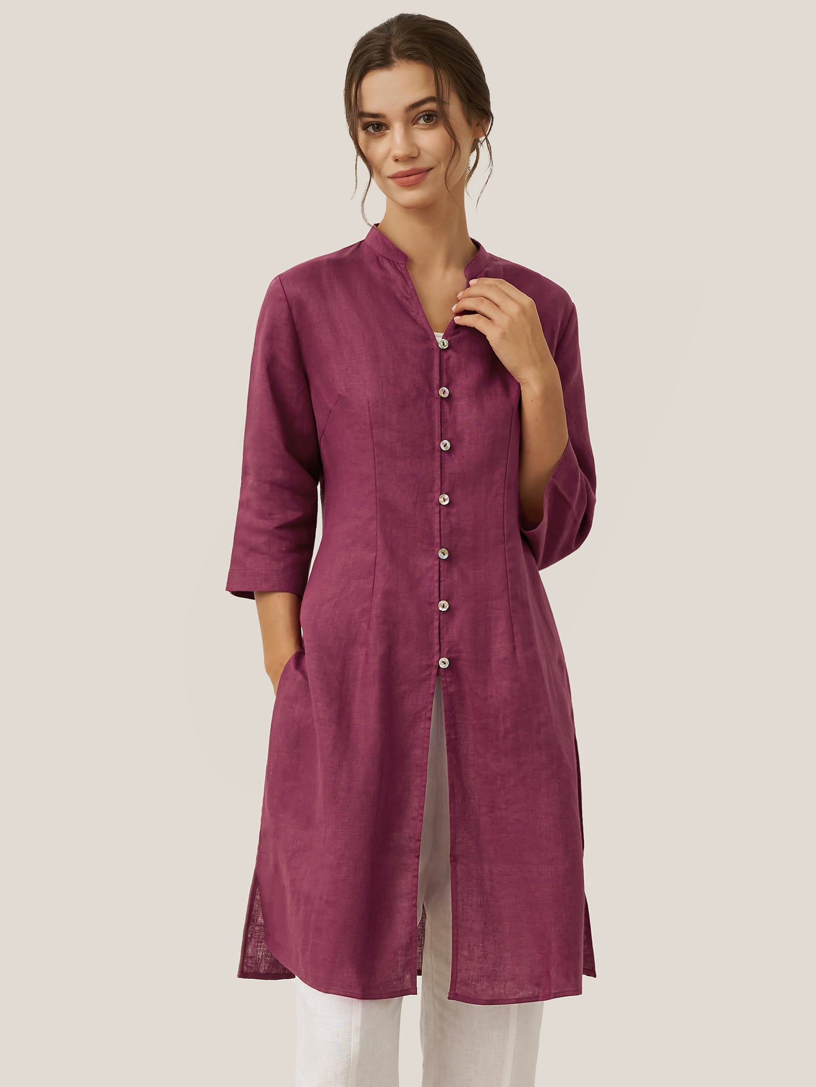 100% Linen Hand Button Long Top DILLON