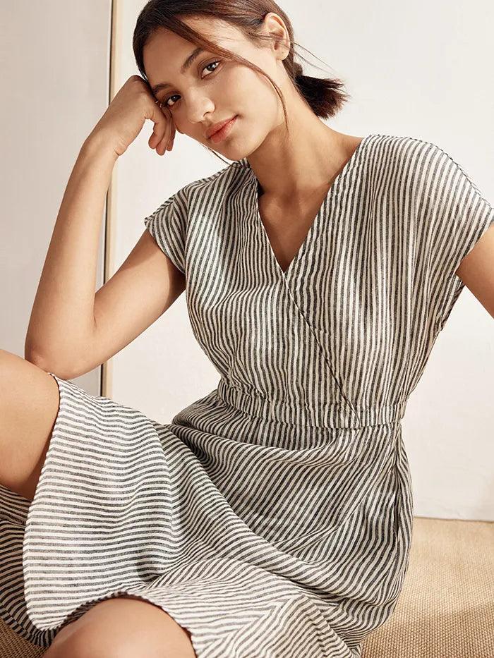 100% Linen Striped Elastic-Waist Midi Dress ARIA