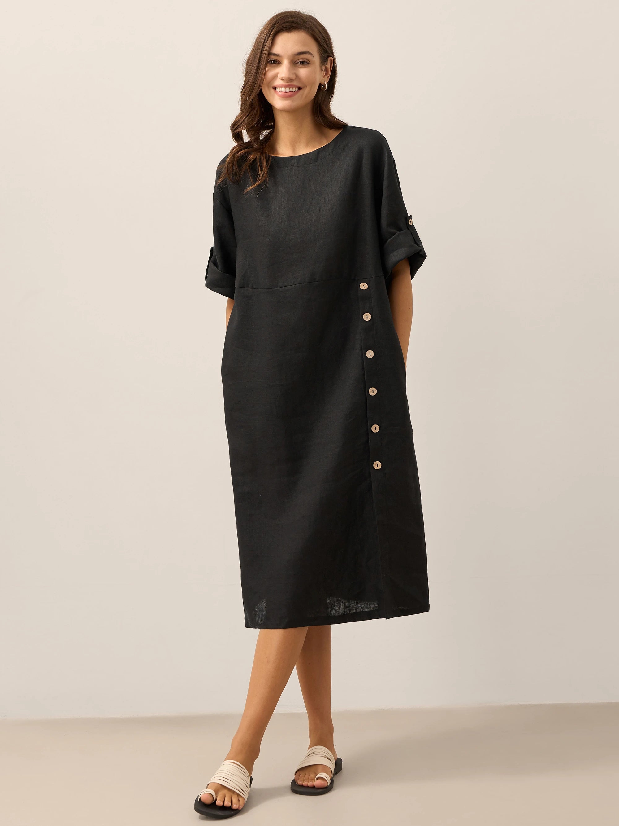 100% Linen Round Neck Button Detail Midi Dress JELENA