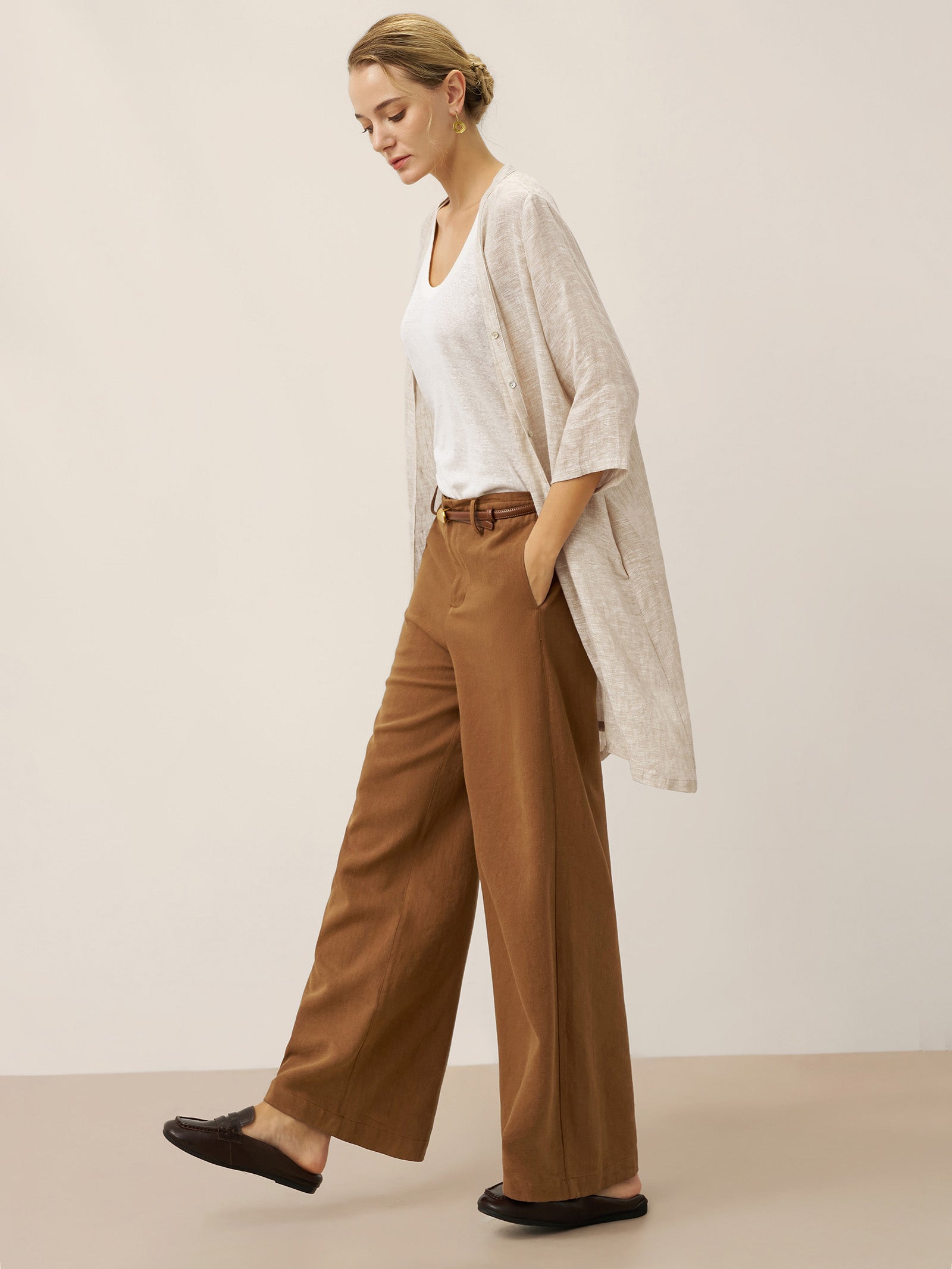 100% Linen Button Front Three-Quarter Sleeve Top PEYTON