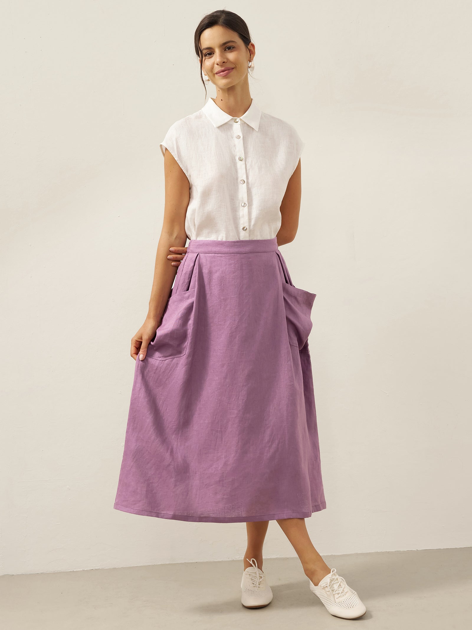 Linen Checked Elastic Waist Skirt ONYX