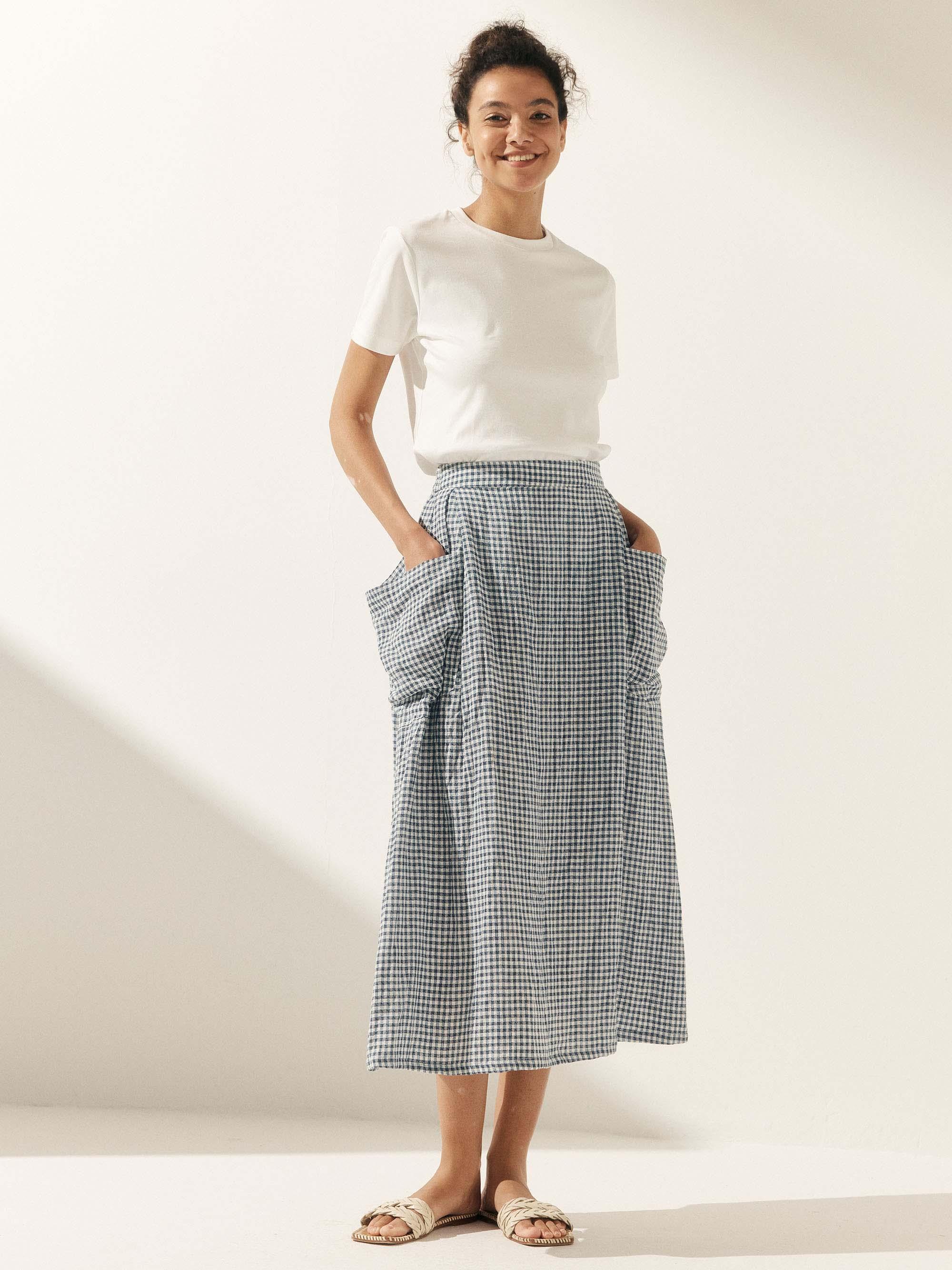 Linen Checked Elastic Waist Skirt ONYX