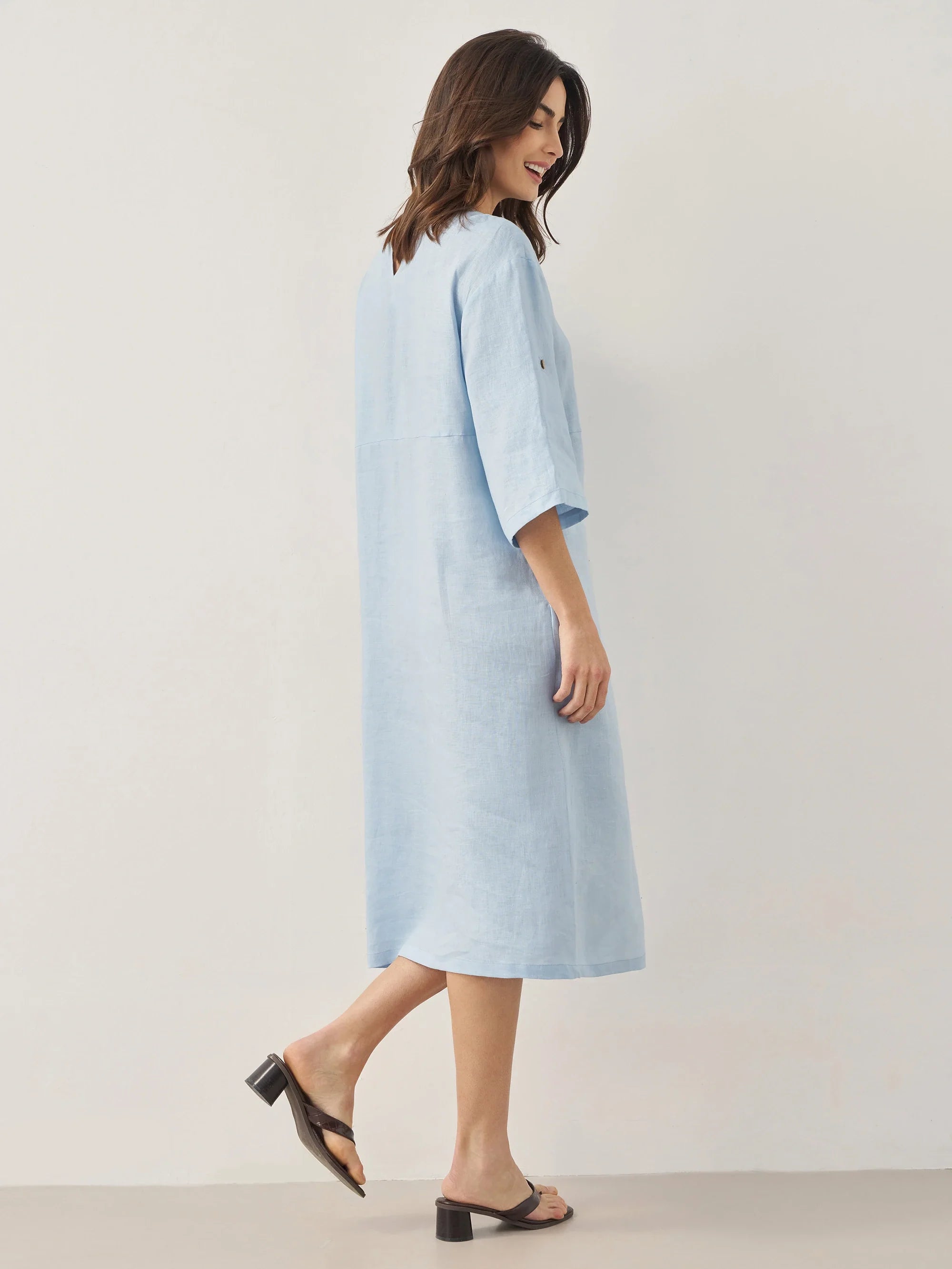 100% Linen Round Neck Button Detail Midi Dress JELENA