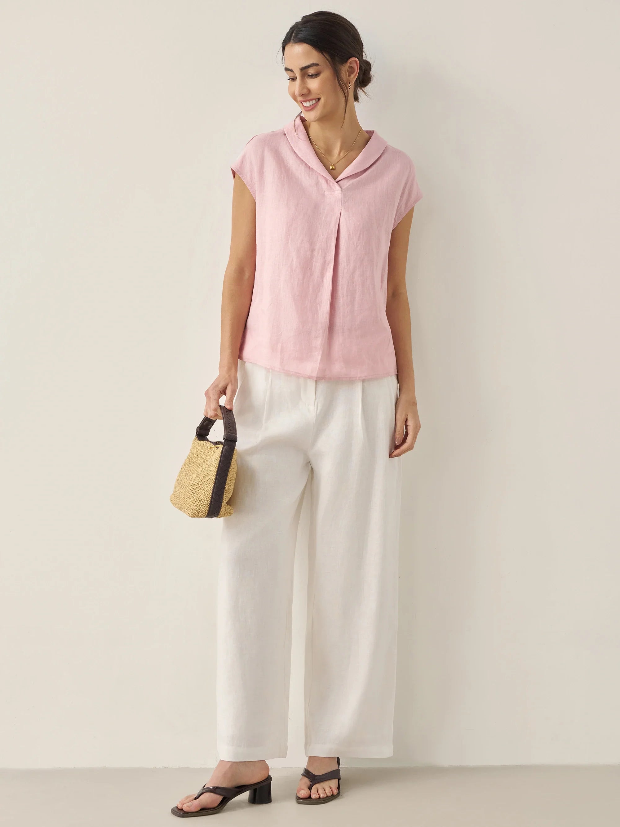 100% Linen Shawl V-Neck Cap Sleeves Top ELARA