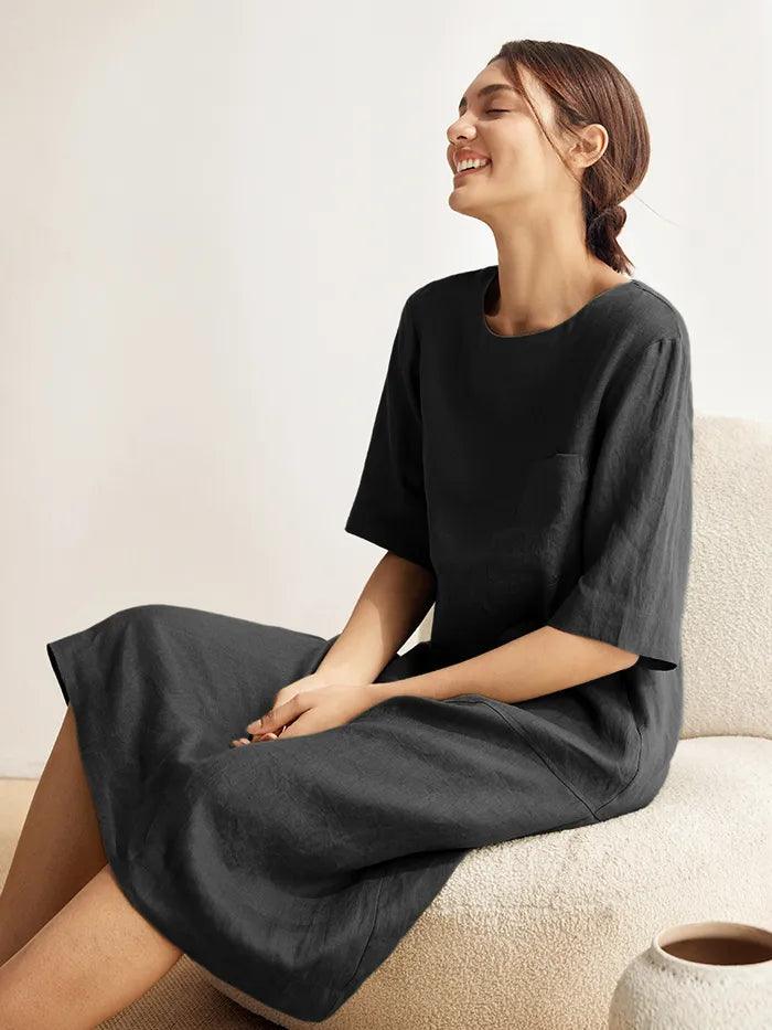 100% Linen Mid-Sleeve Maxi Dress GEORGINA