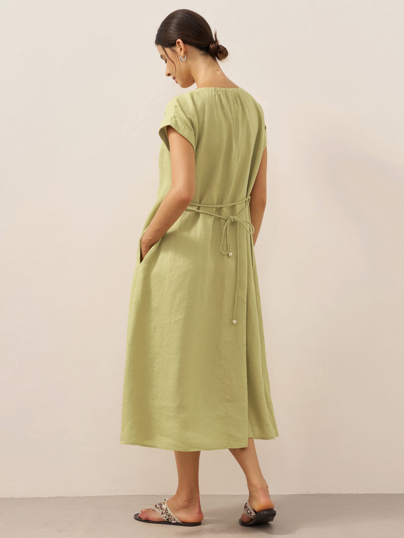 100% Linen Pleated Crew Neck Maxi Dress with Detachable Tie Straps MIRA