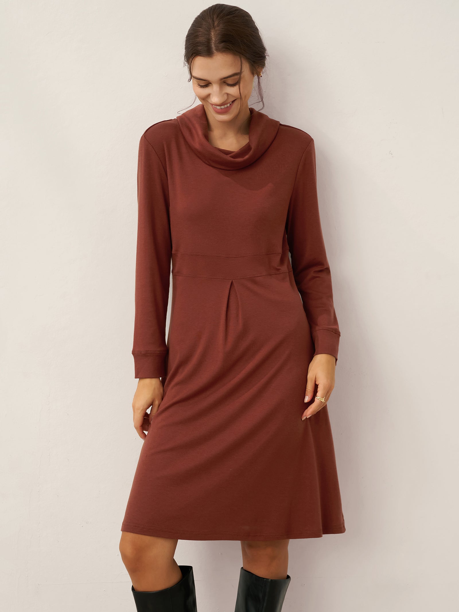 Tencel Wool Draped Neck Stretch Midi Dress KIRA
